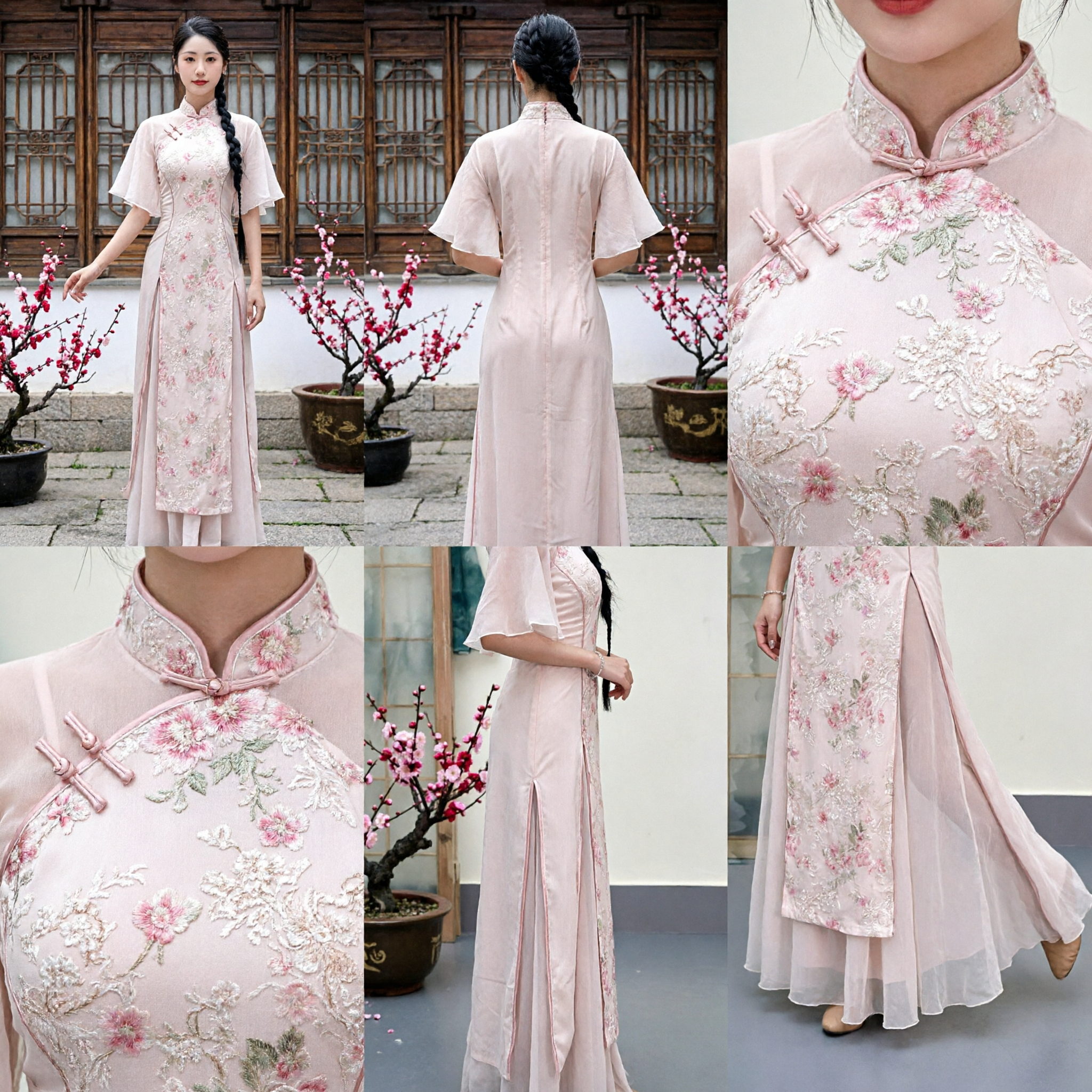 Elegant Roze Bloemen Geborduurde Gewijzigde Cheongsam Traditioneel Chinees Klassiek Dans Optreden Jurk voor Vrouwen - Asian Costume
