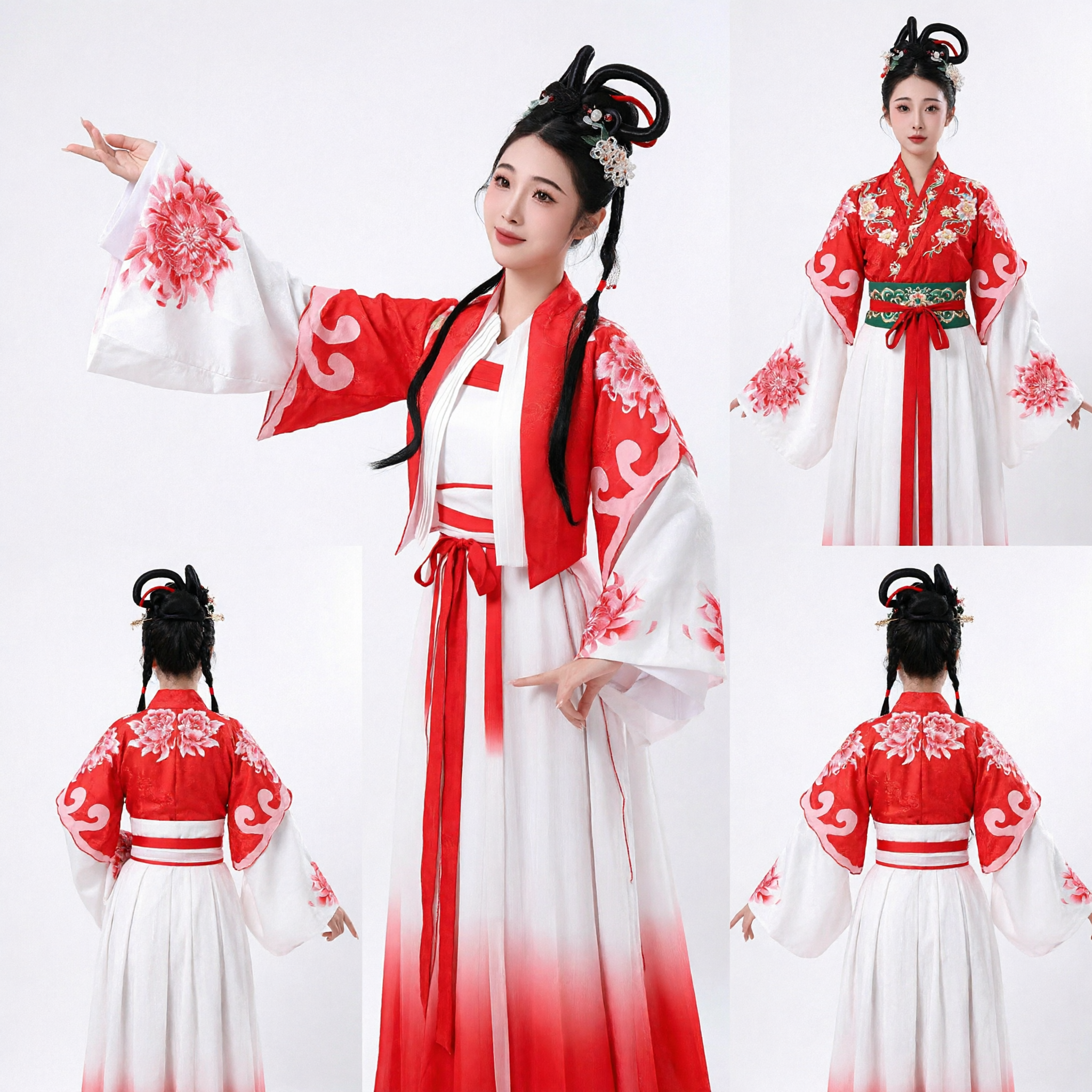 Traditioneel Chinees Hanfu Kostuum Rood en Wit Verloop Oude Jurk voor Vrouwen Folk Dans Optreden - Asian Costume