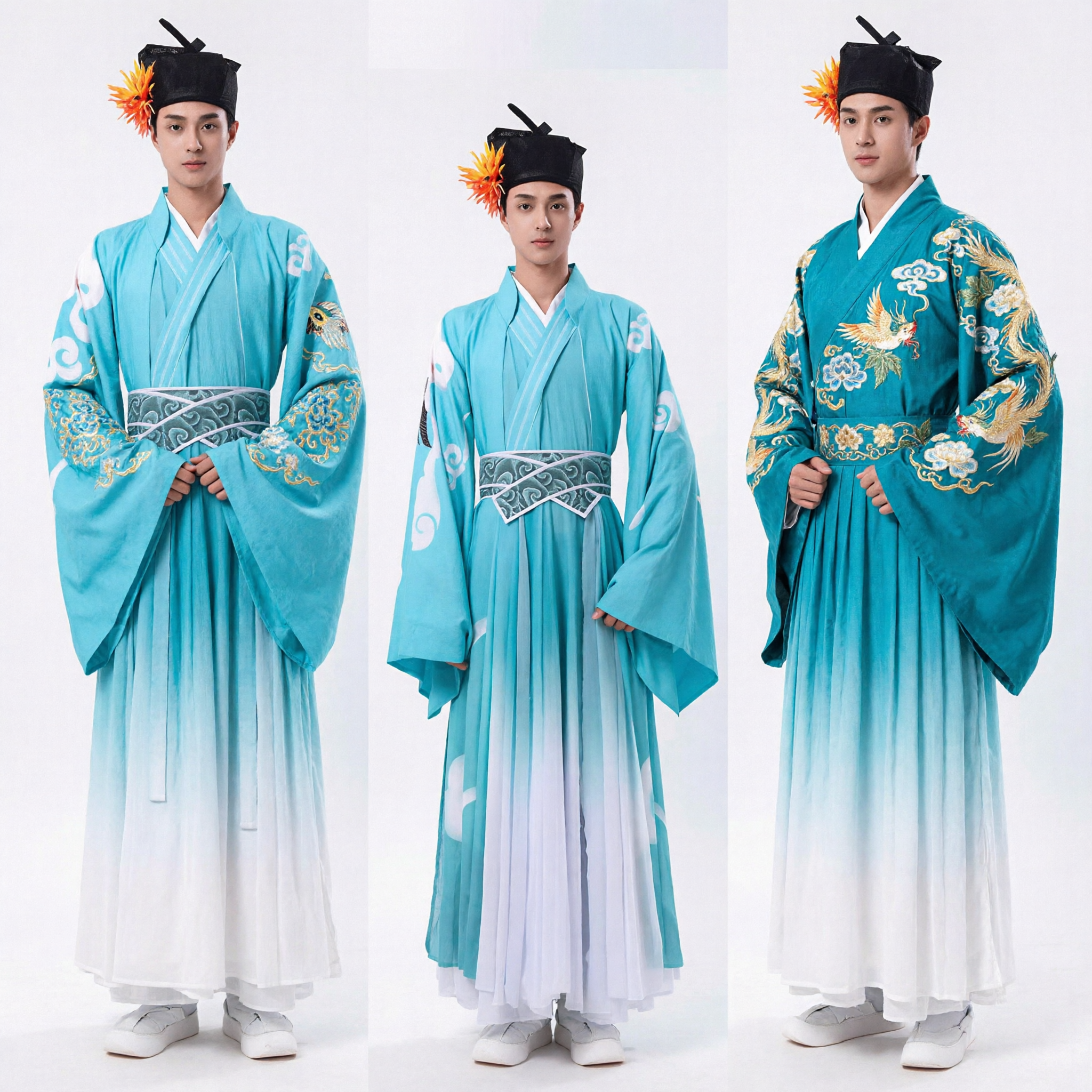 Costume Hanfu da Studioso Cinese Antico per Uomini, Veste Blu Tradizionale con Motivo a Nuvole per Cosplay e Spettacoli - Asian Costume