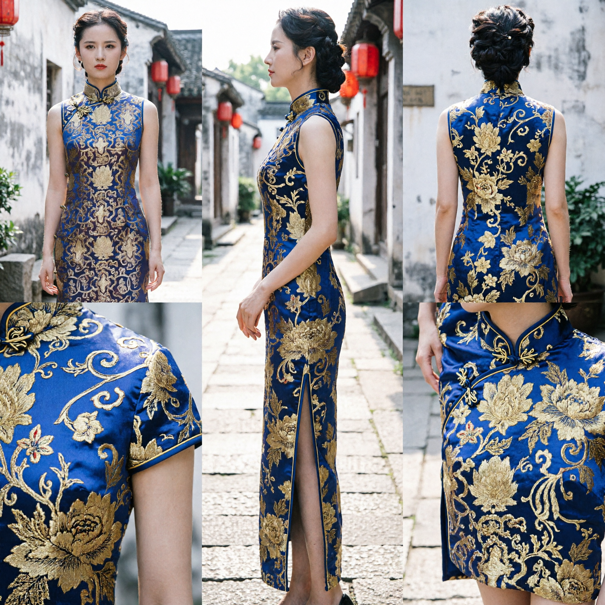 Elegancka niebieska jedwabna Qipao Tradycyjna chińska suknia Cheongsam Złoty haft Bez rękawów Styl vintage dla kobiet - Asian Costume