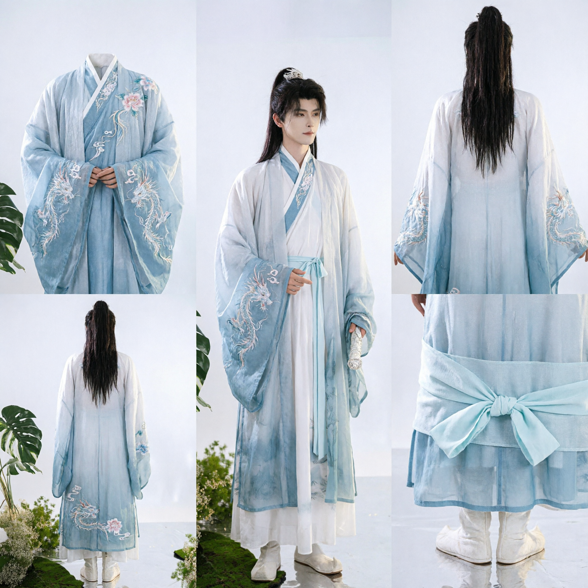 Herren Antikes Chinesisches Hanfu-Kostüm Weiß und Blau Verlauf Robe für Wuxia-Schwertkämpfer Cosplay - Asian Costume