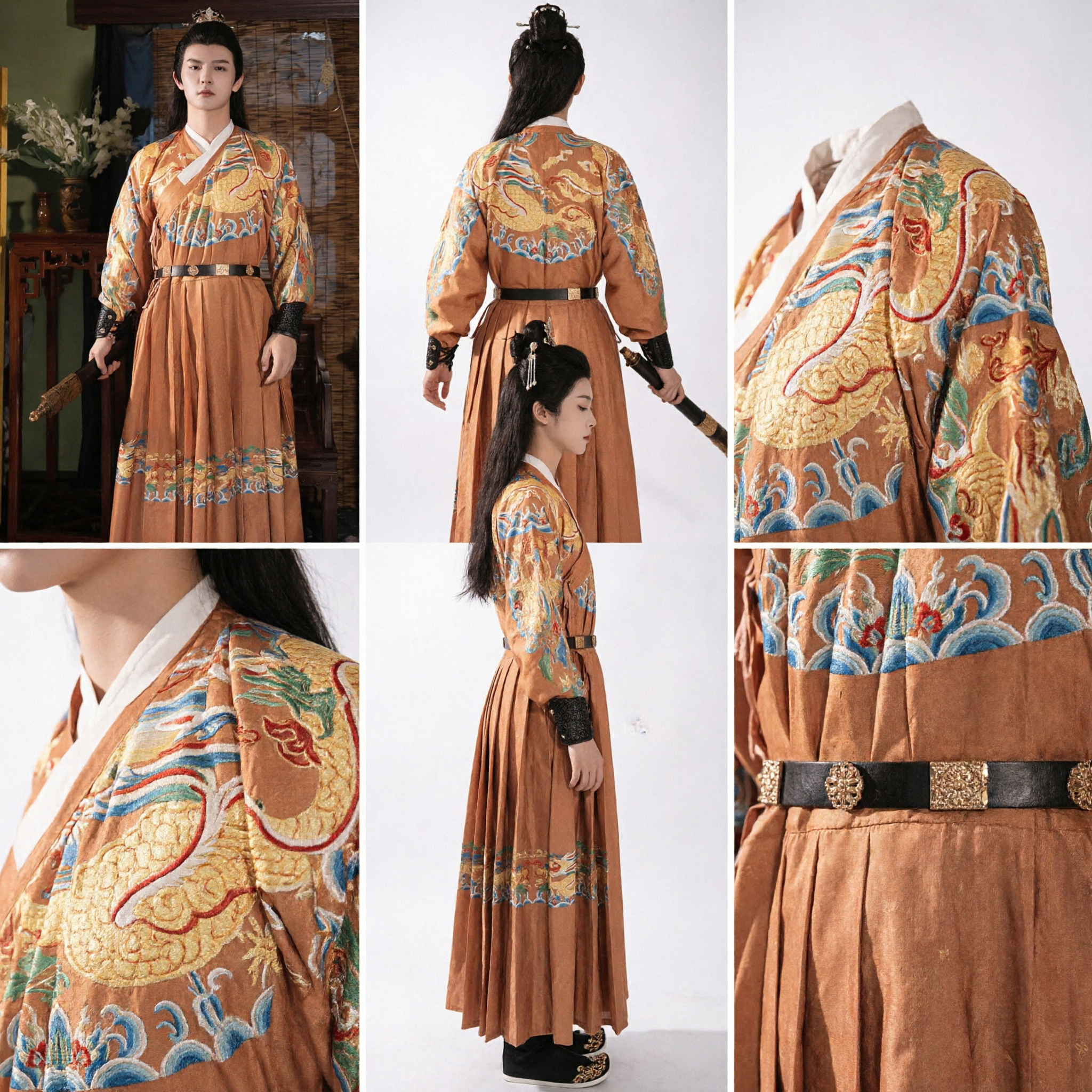 Męski Tradycyjny Chiński Hanfu Starożytna Smocza Szata Kostium Rycerza Wojownika Zestaw Odzieży do Sztuk Walki Wuxia - Asian Costume