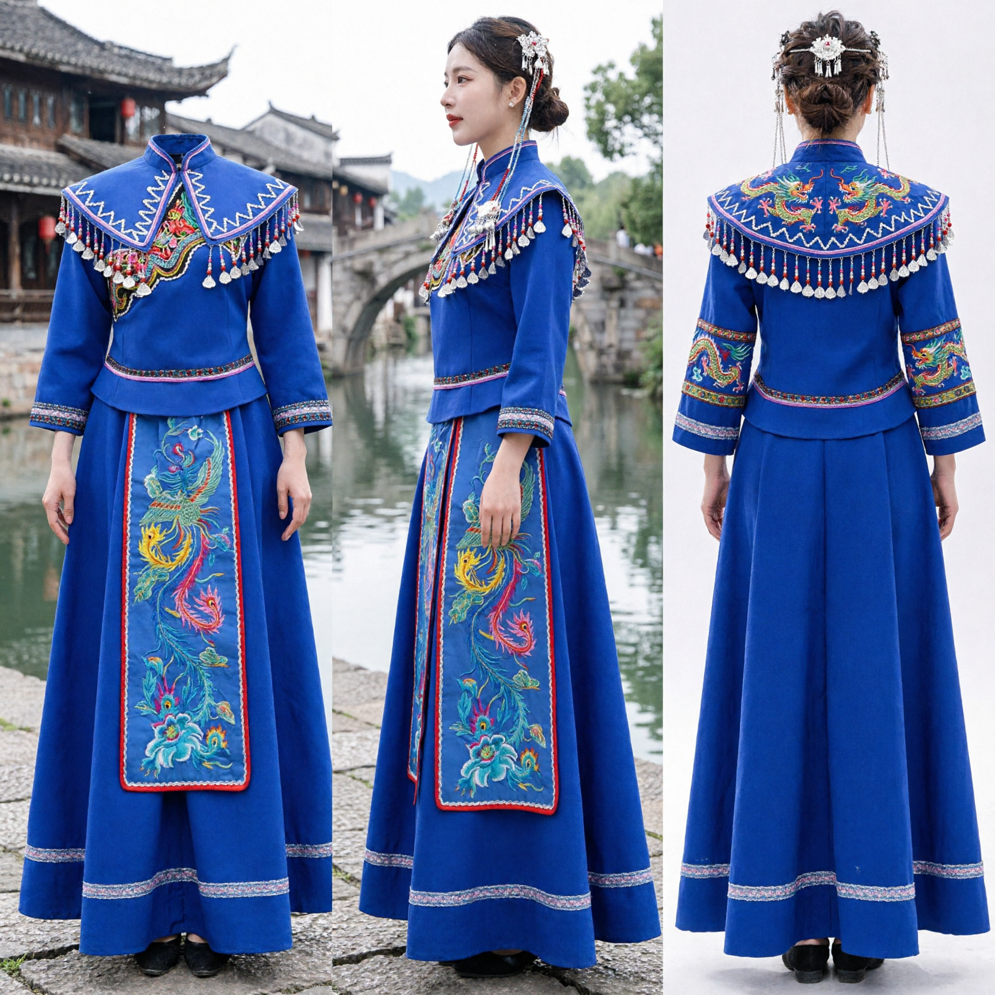 Costume Etnico Tradizionale Cinese Miao Blu Reale Abito Ricamato Motivo Fenice per Danza Folk e Spettacoli - Asian Costume