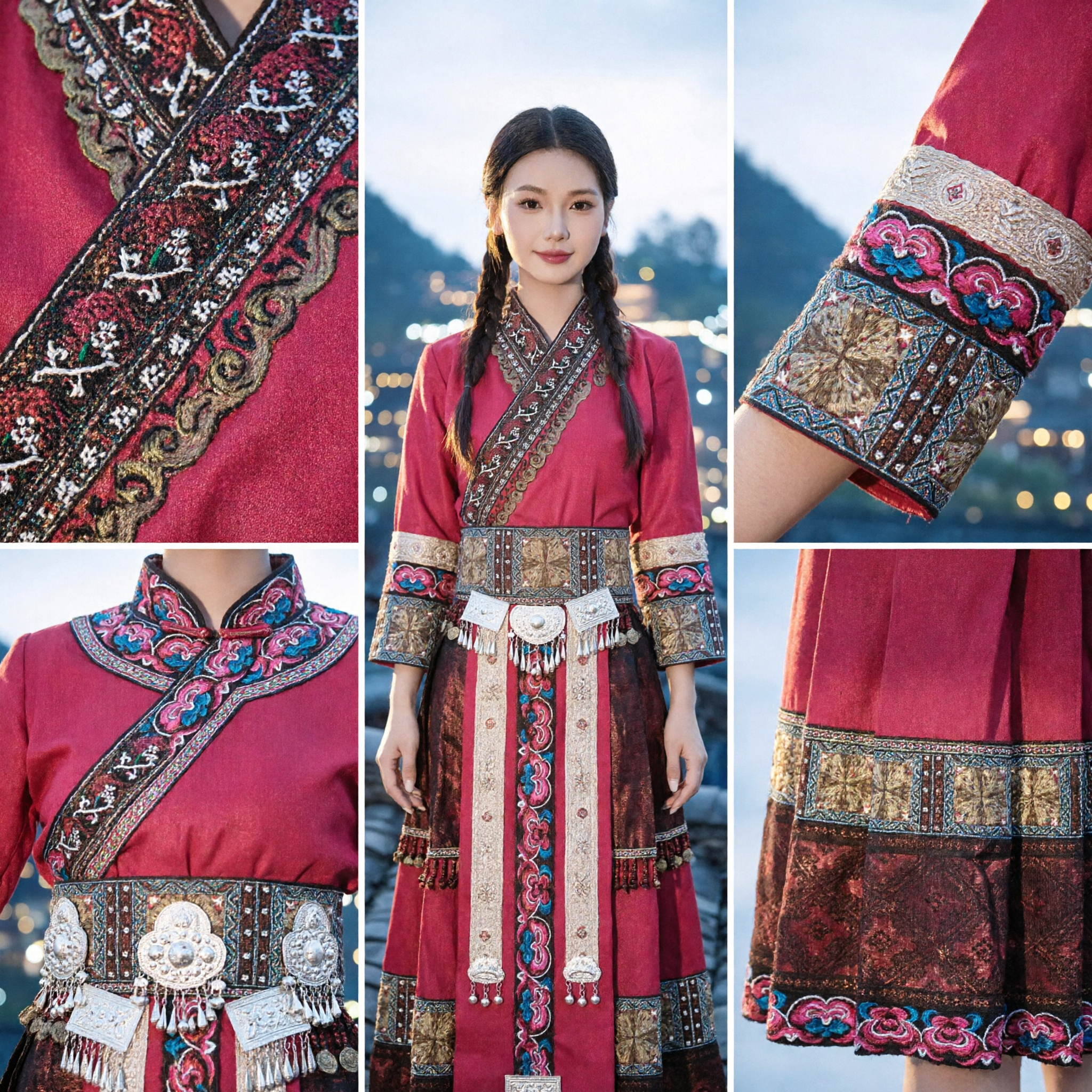Damen Traditionelles Chinesisches Miao-Volkskostüm Rosa Brokatkleid für Volkstanz Bühnenauftritt und Kulturevents - Asian Costume