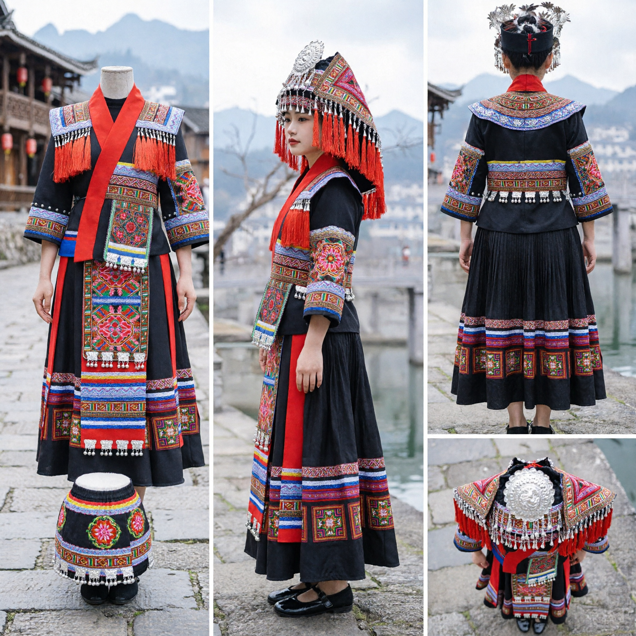 Women's Traditional Chinese Zhuang Ethnic Minority Folk Dance Costume Complete Set with Embroidered Dress and Silver Headdress - Asian Costume