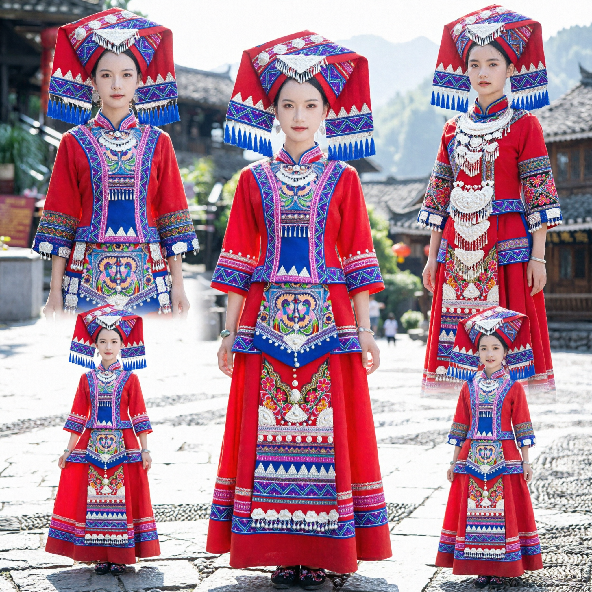 Traditional Chinese Zhuang Ethnic Costume Red Embroidered Dress and Headdress for Women Festival Performance - Asian Costume