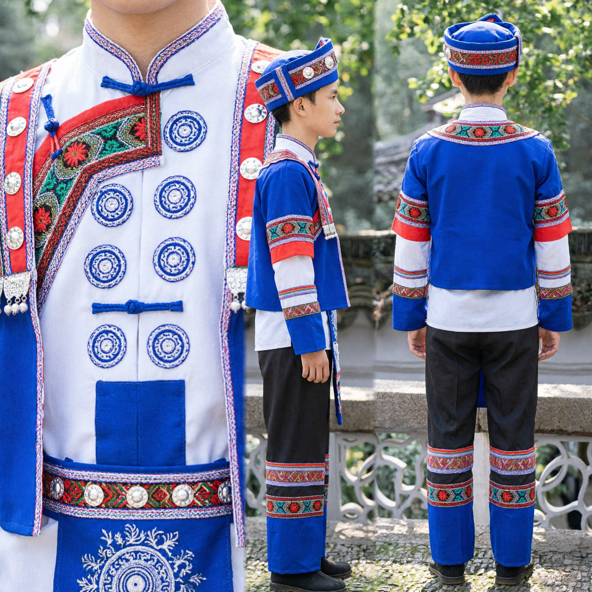 Traje da Minoria Étnica Tradicional Chinês para Homens, Conjunto Cultural de Performance de Dança Folclórica com Bordado Azul - Asian Costume