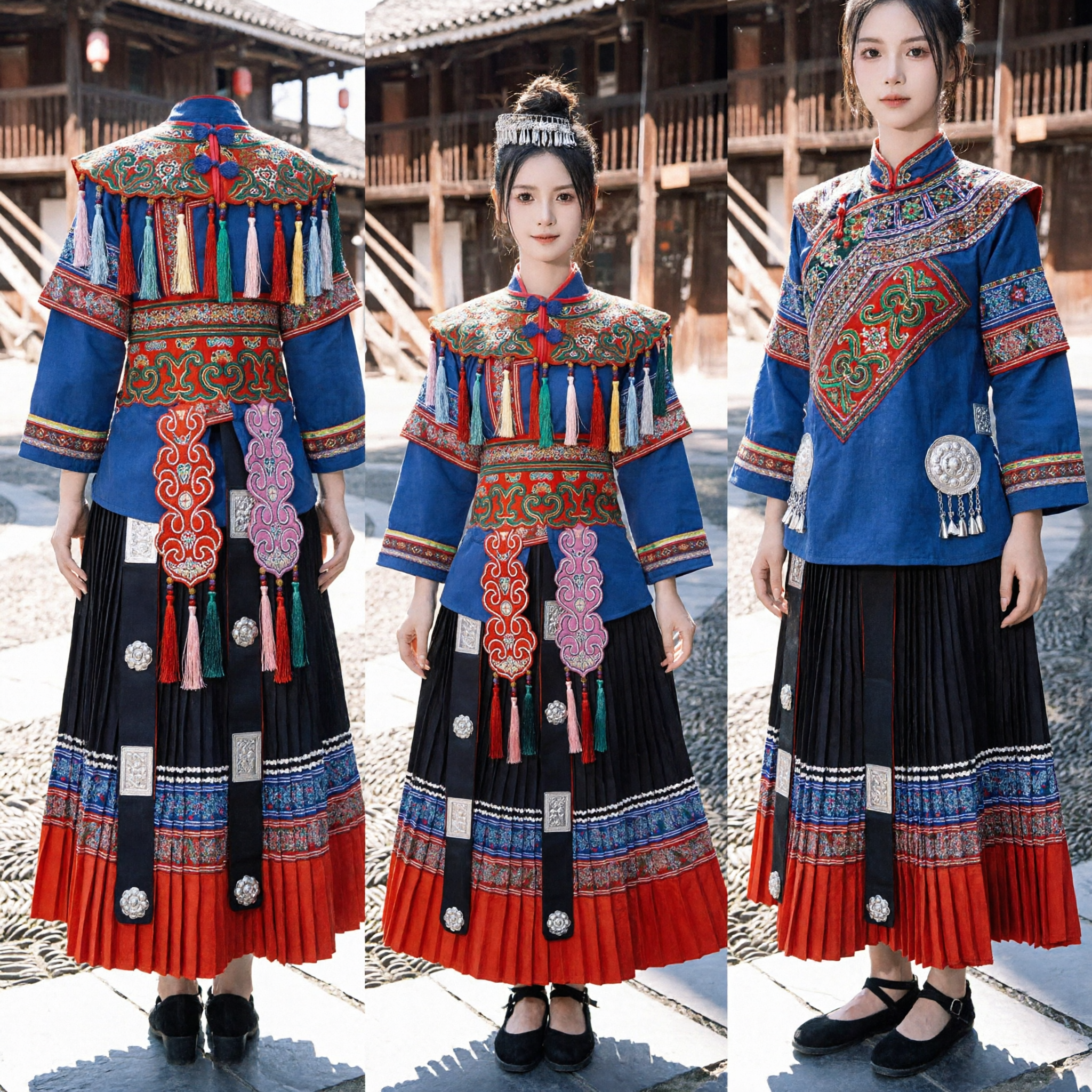Traje Tradicional de la Minoría Étnica Miao China para Mujer: Blusa Azul Bordada y Falda Plisada Negra para Festivales y Presentaciones - Asian Costume
