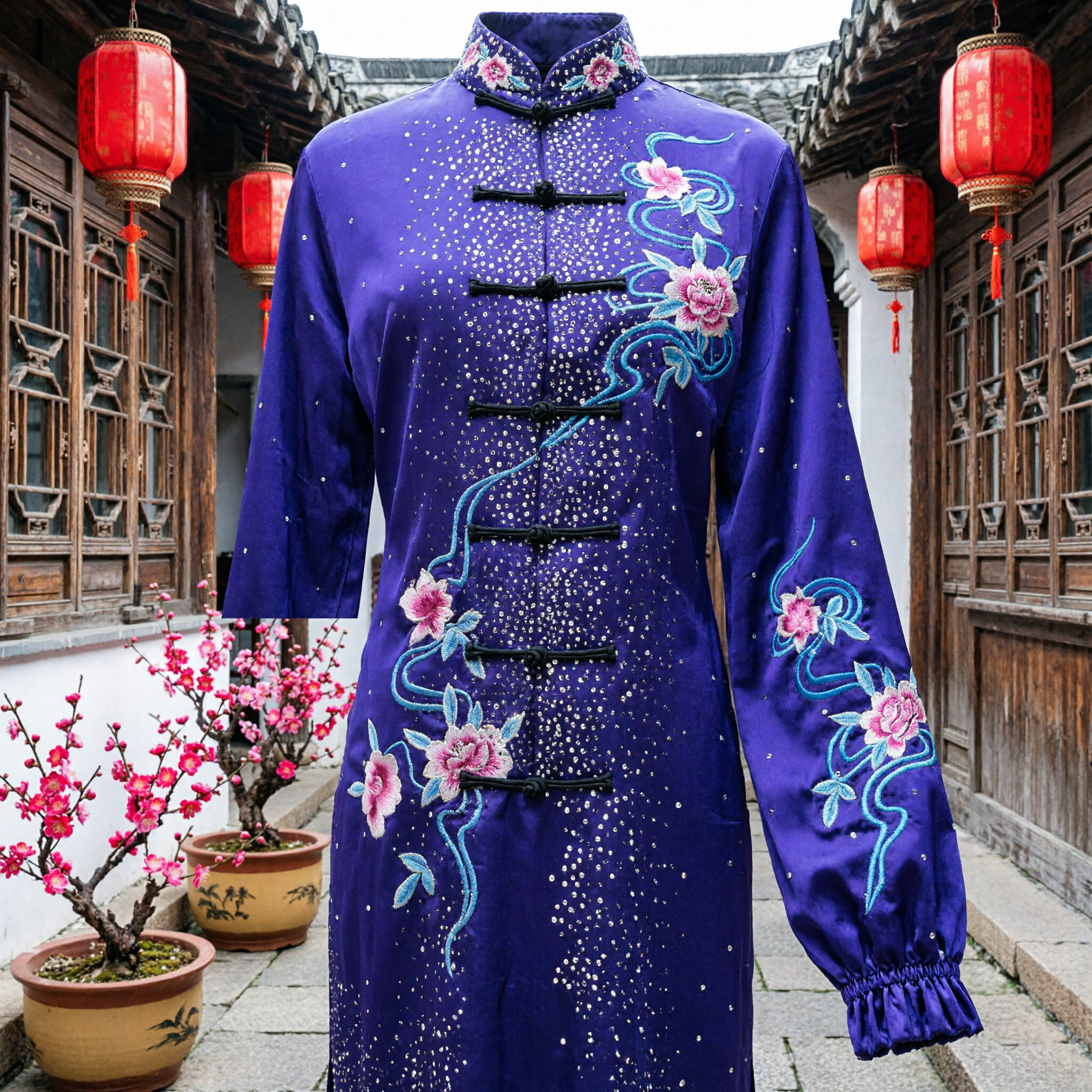 Uniforme da Tai Chi in Seta Viola per Donne, Completo Tradizionale di Kung Fu Cinese con Ricami Floreali e Strass - Asian Costume