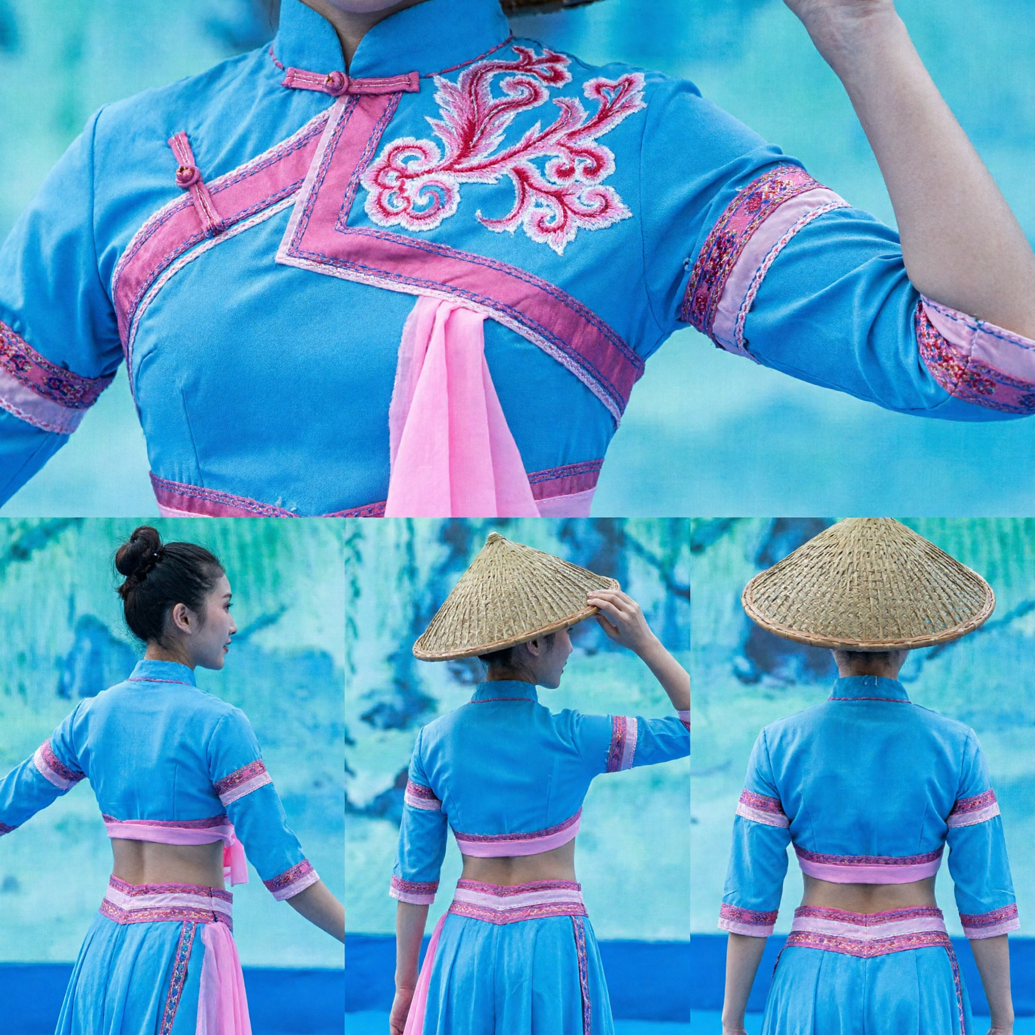 Ensemble de Costume Traditionnel Chinois de Danse Folklorique Bleu avec Garniture Rose et Chapeau de Paille pour Femmes pour Spectacle sur Scène - Asian Costume