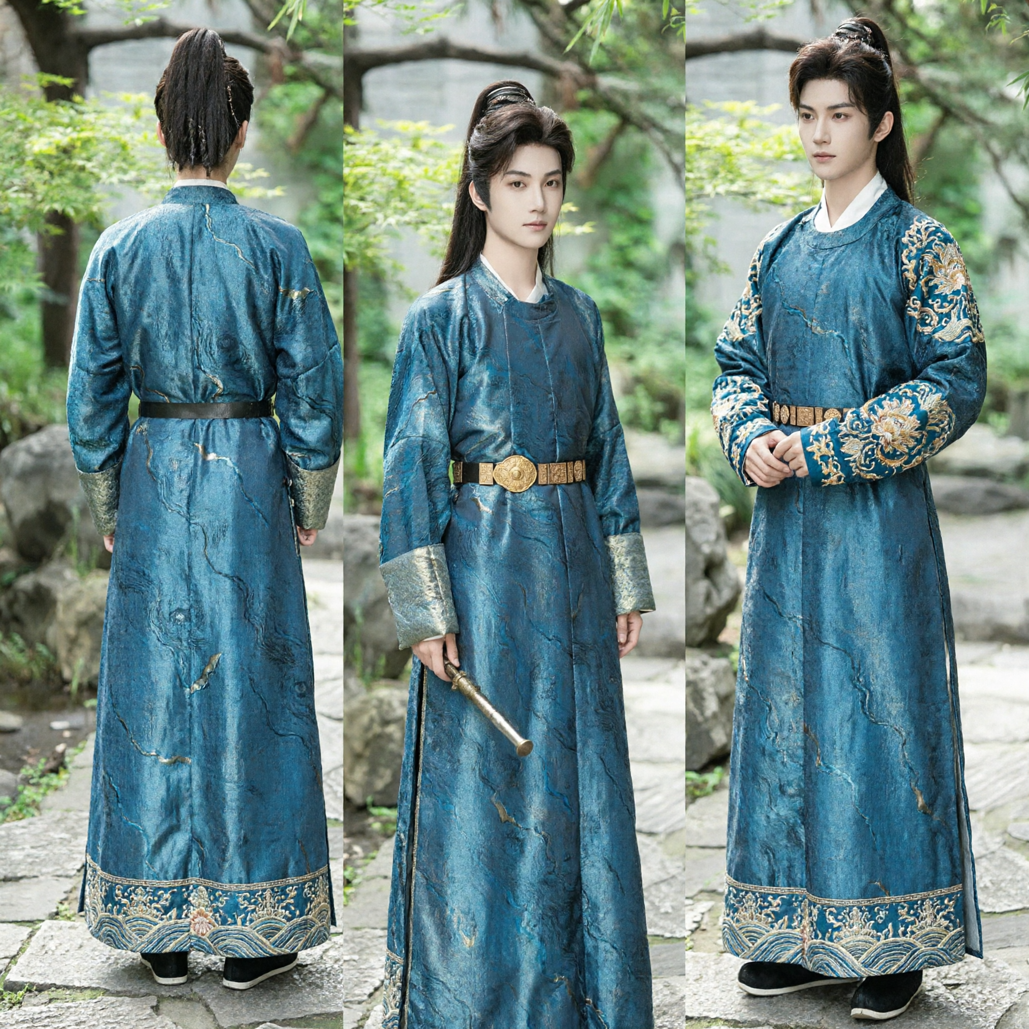 Traje Hanfu Masculino Chinês Antigo em Brocado Azul Robe Tradicional de Estudioso Wuxia para Cosplay - Asian Costume