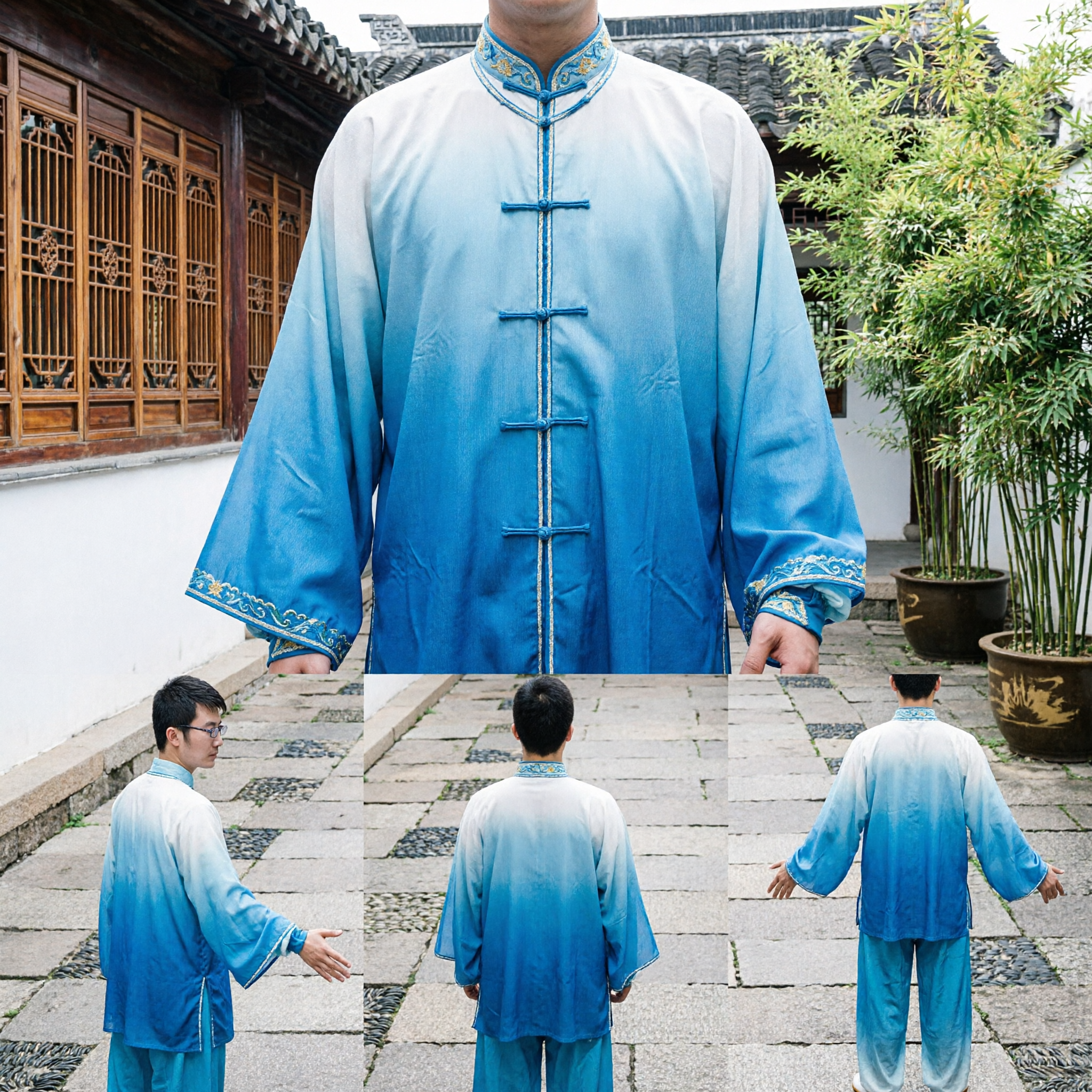 Uniforme de Tai Chi em Seda Azul Gradiente Masculino, Conjunto de Vestuário Tradicional de Kung Fu e Artes Marciais para Performance - Asian Costume
