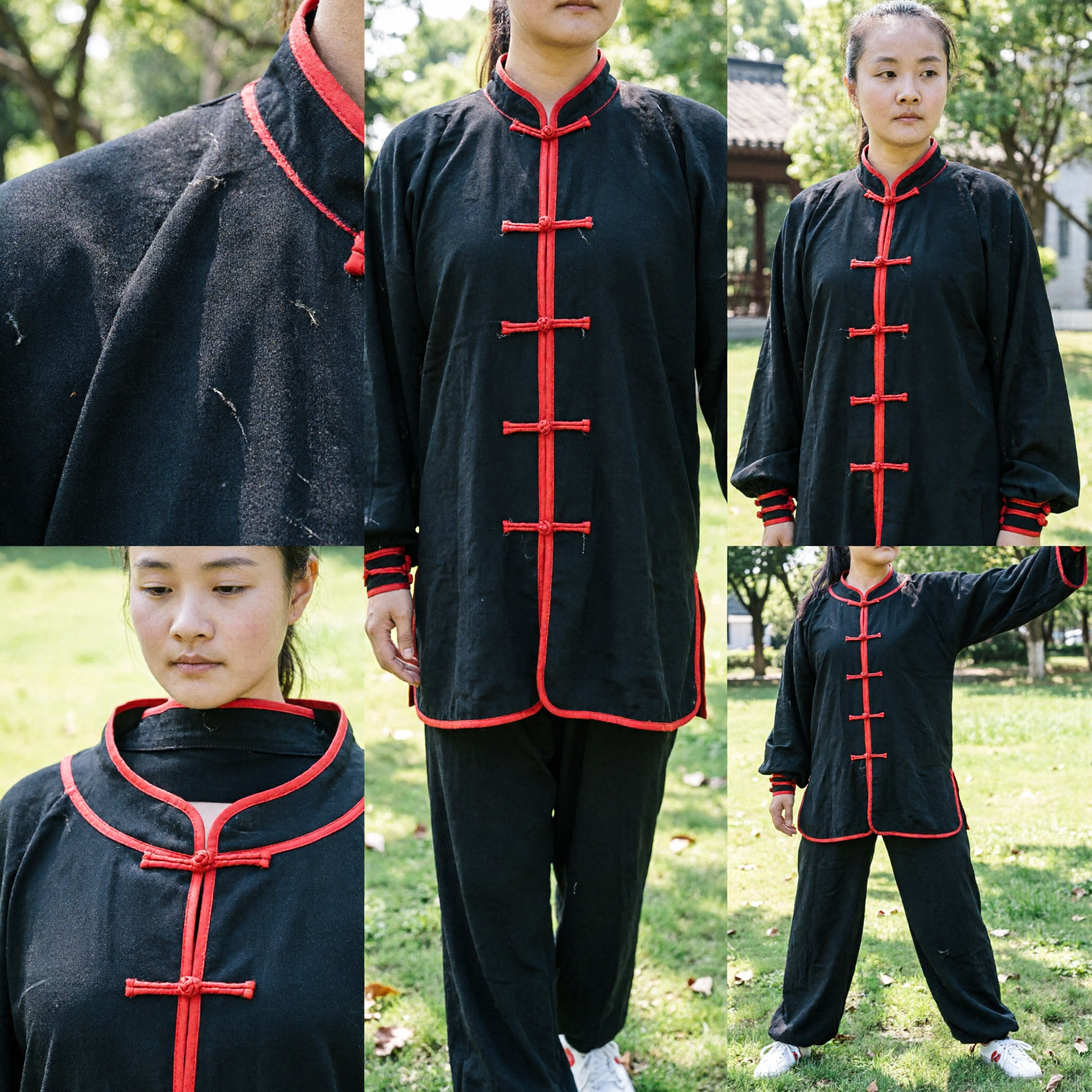 Traditionelle schwarze Tai-Chi-Uniform für Frauen, Kung-Fu-Anzug mit roter Verzierung für Kampfkunstpraxis - Asian Costume