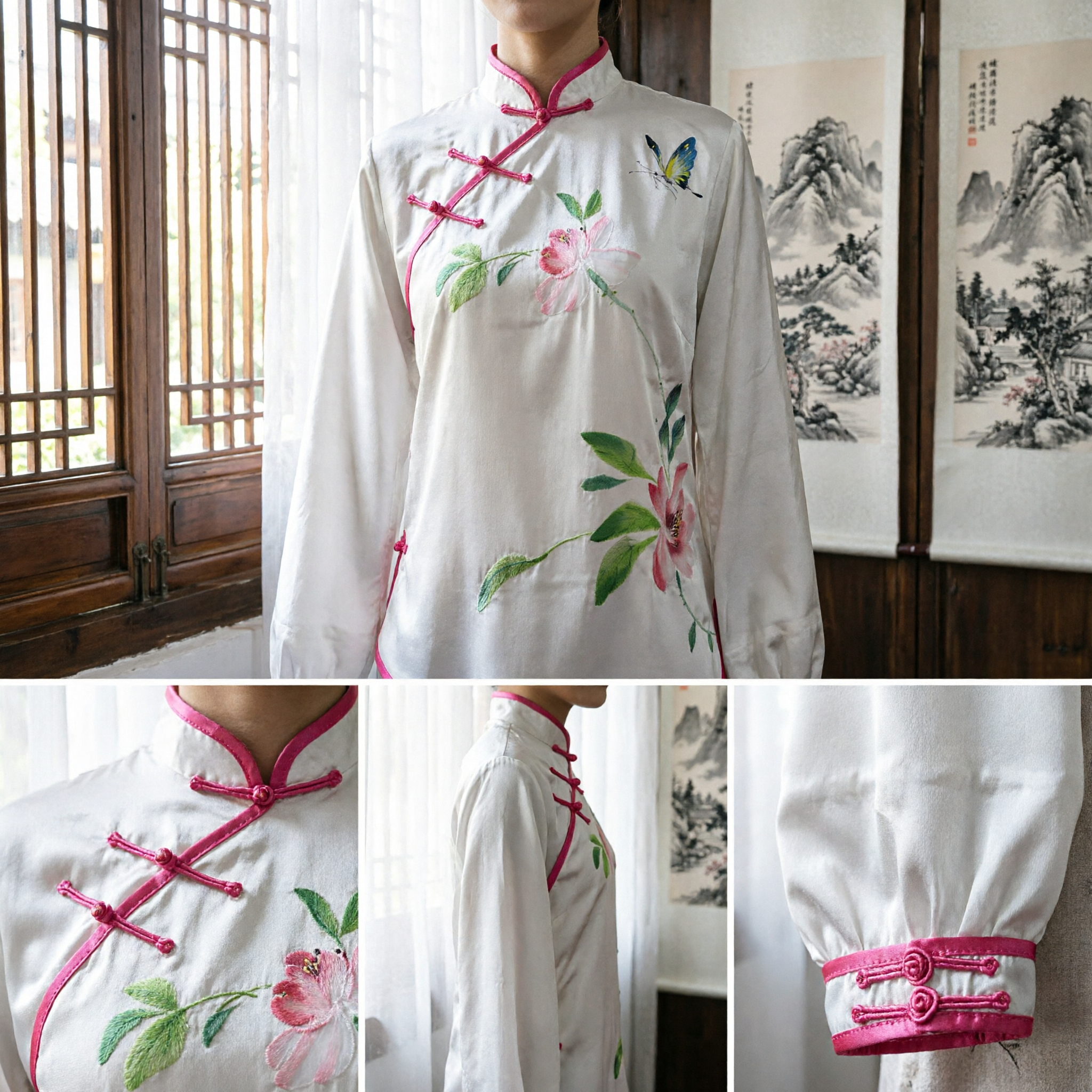 Conjunto Elegante de Pijama Tradicional Chinês em Seda Feminino, Top de Manga Longa e Calças com Estampa Floral para Lounge - Asian Costume