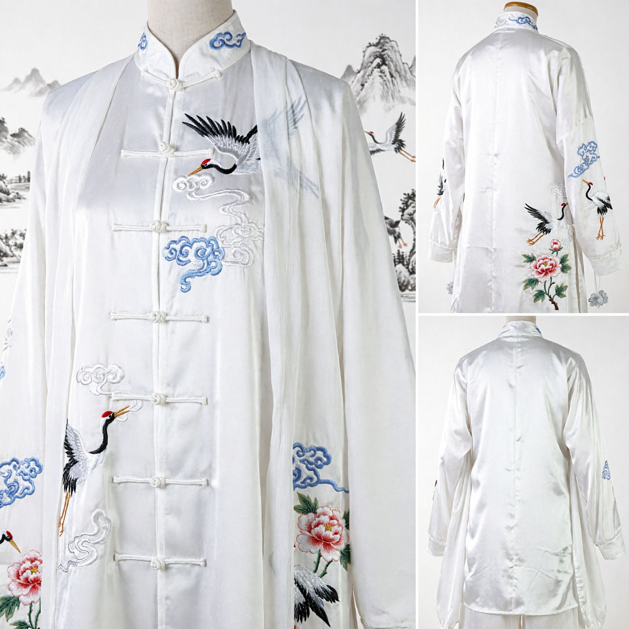 Weiße Seiden-Tai-Chi-Kung-Fu-Anzug, traditionelle chinesische Kranichbestickung, Kampfkunstuniform-Set für Männer und Frauen - Asian Costume