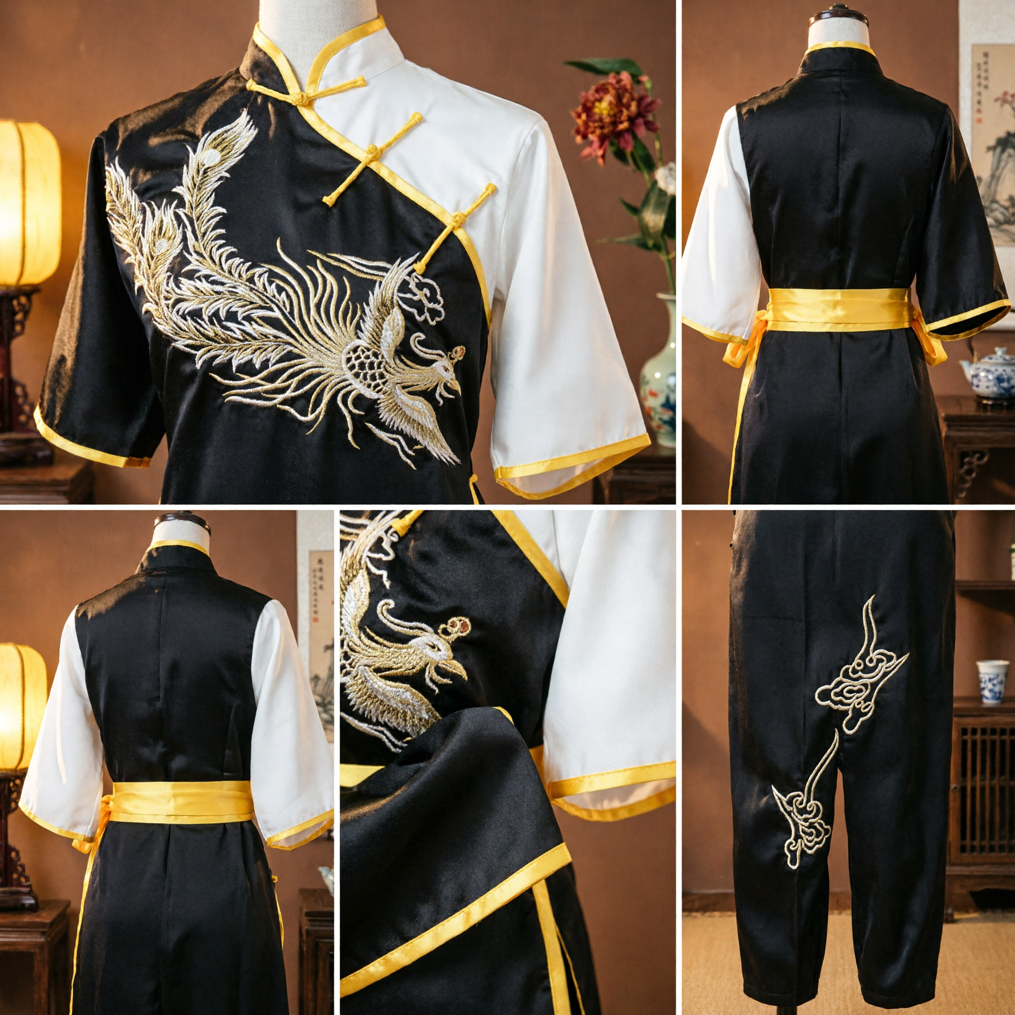 Uniforme Tradicional Chino de Kung Fu Negro y Blanco de Rastr Conjunto de Traje de Tai Chi de Artes Marciales con Bordado de Fénix - Asian Costume