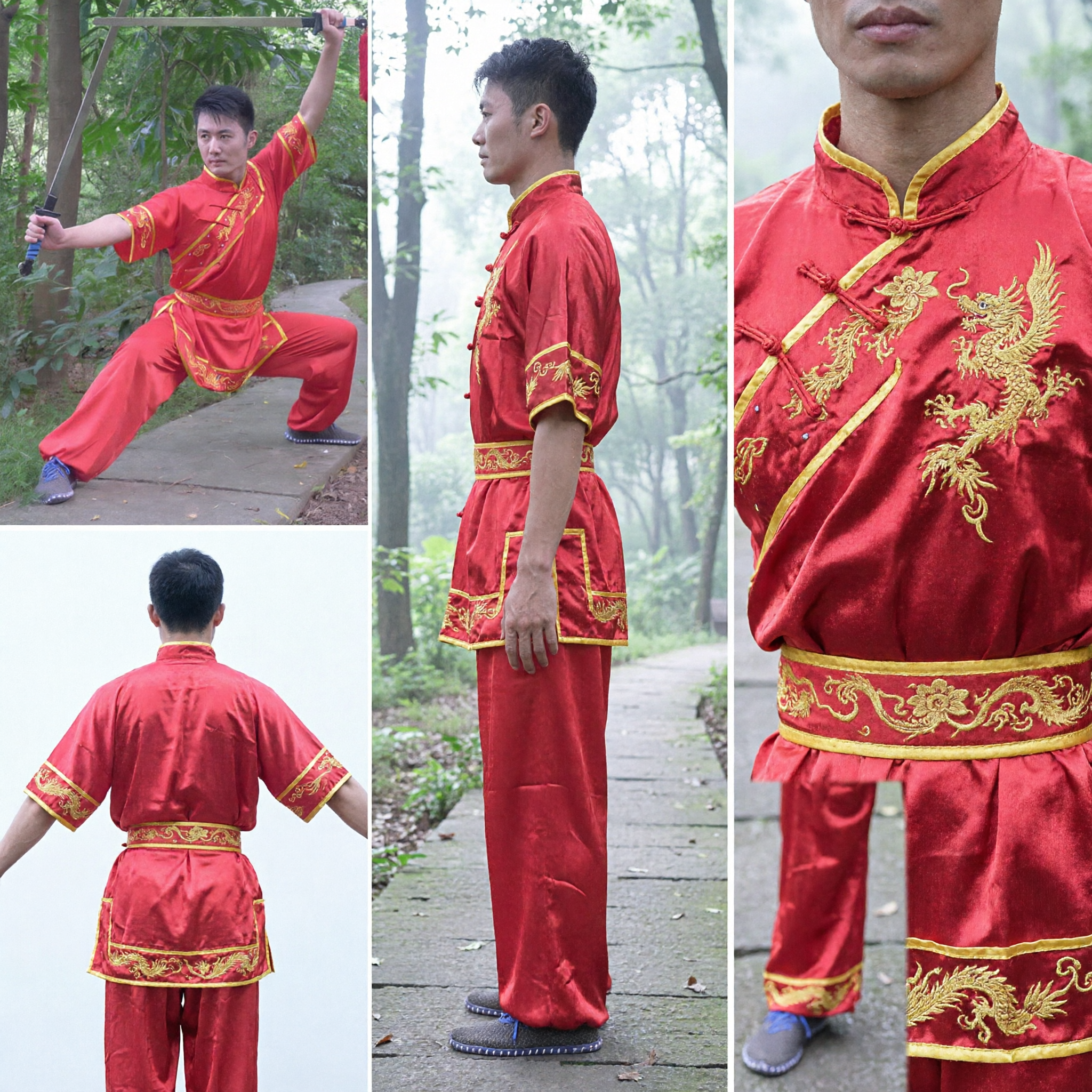 Set Uniforme Kung Fu Tradizionale in Seta Rossa con Doppia Spada Mandarin per Spettacoli Wushu - Asian Costume