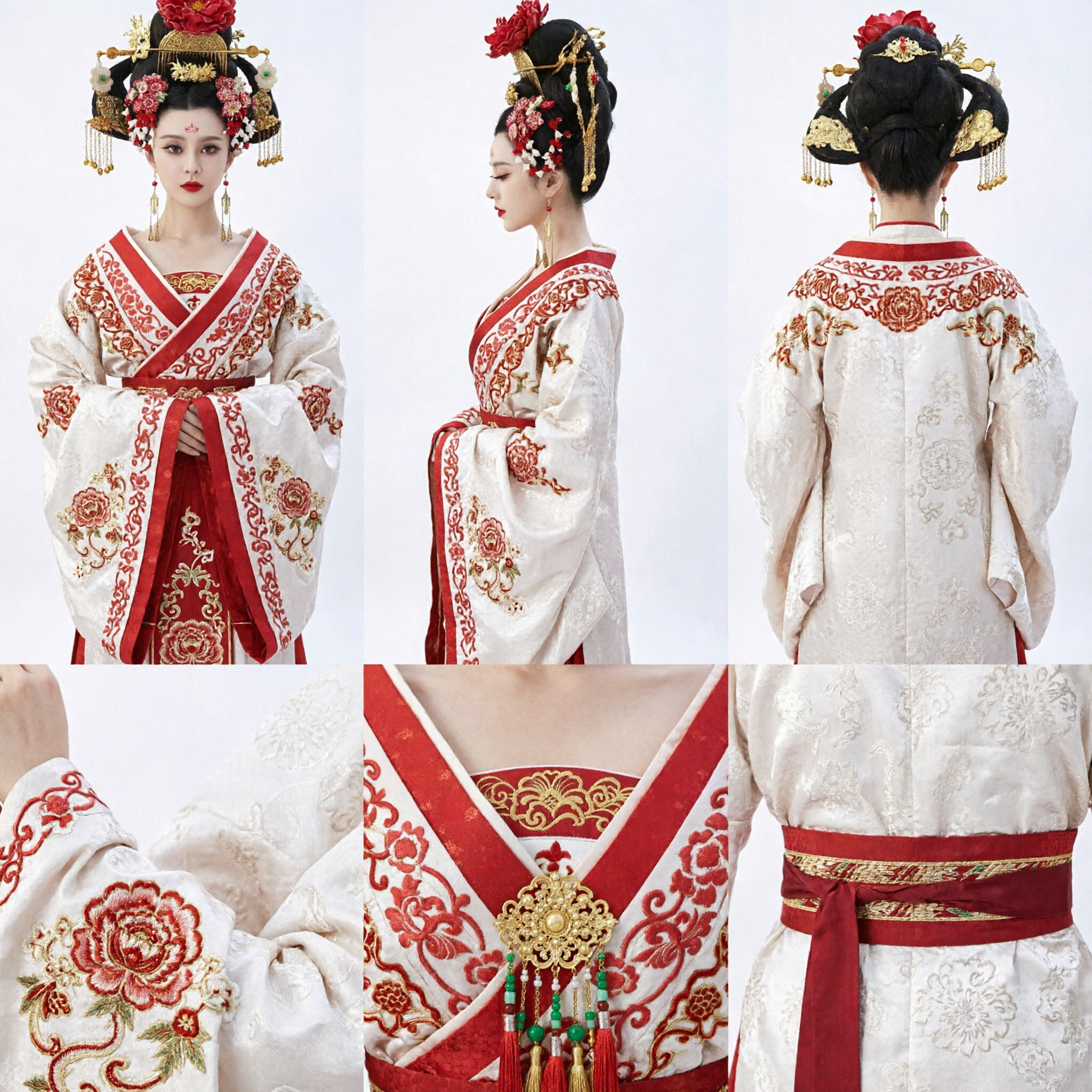 화려한 당나라 한푸 의상 빨간색과 흰색 자수 전통 중국 드레스 여성 역사 코스프레 - Asian Costume