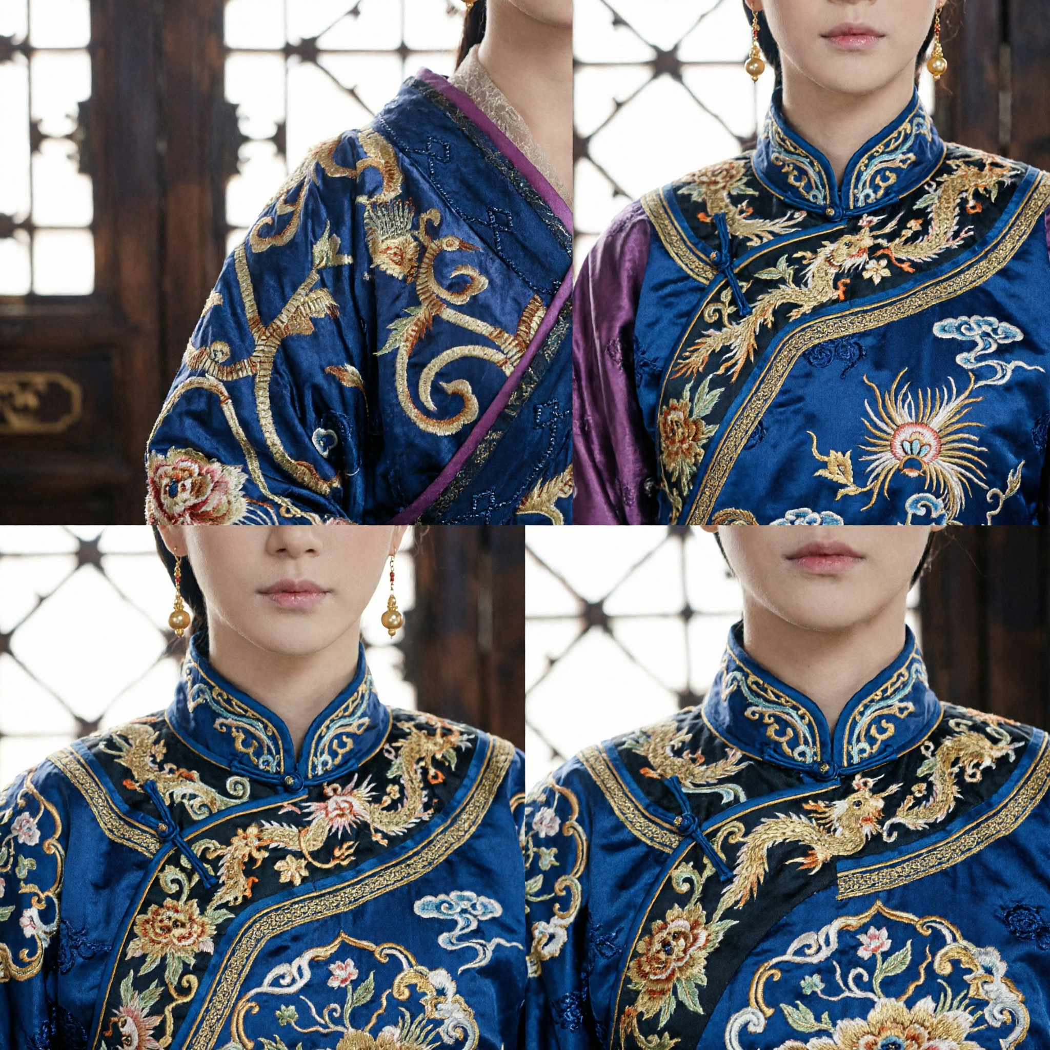 왕실 블루 고대 중국 황후 한푸 의상 금빛 봉황 관 포함 코스프레 및 공연 - Asian Costume