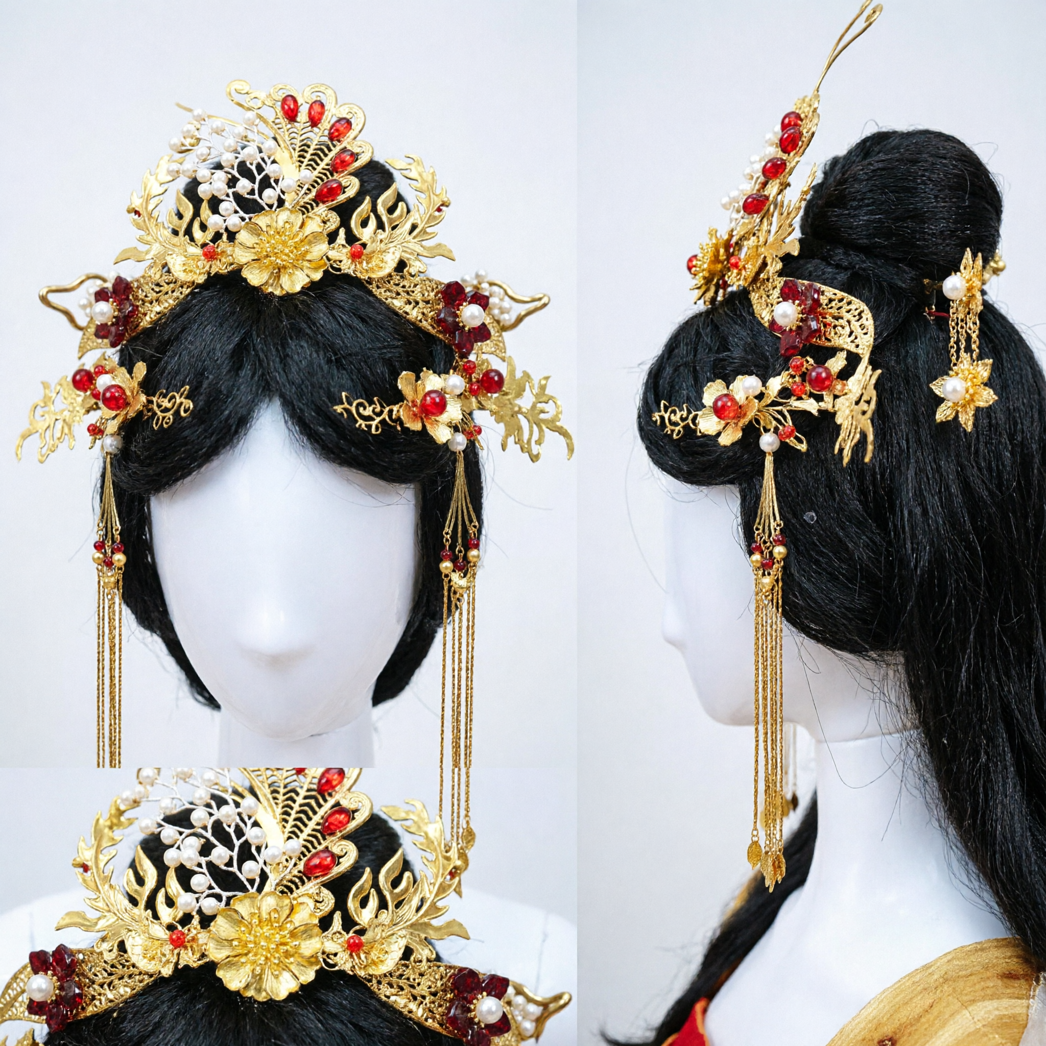 Couronne capillaire traditionnelle chinoise Hanfu - Coiffe phénix dorée, bijou de costume ancien pour mariée - Asian Costume