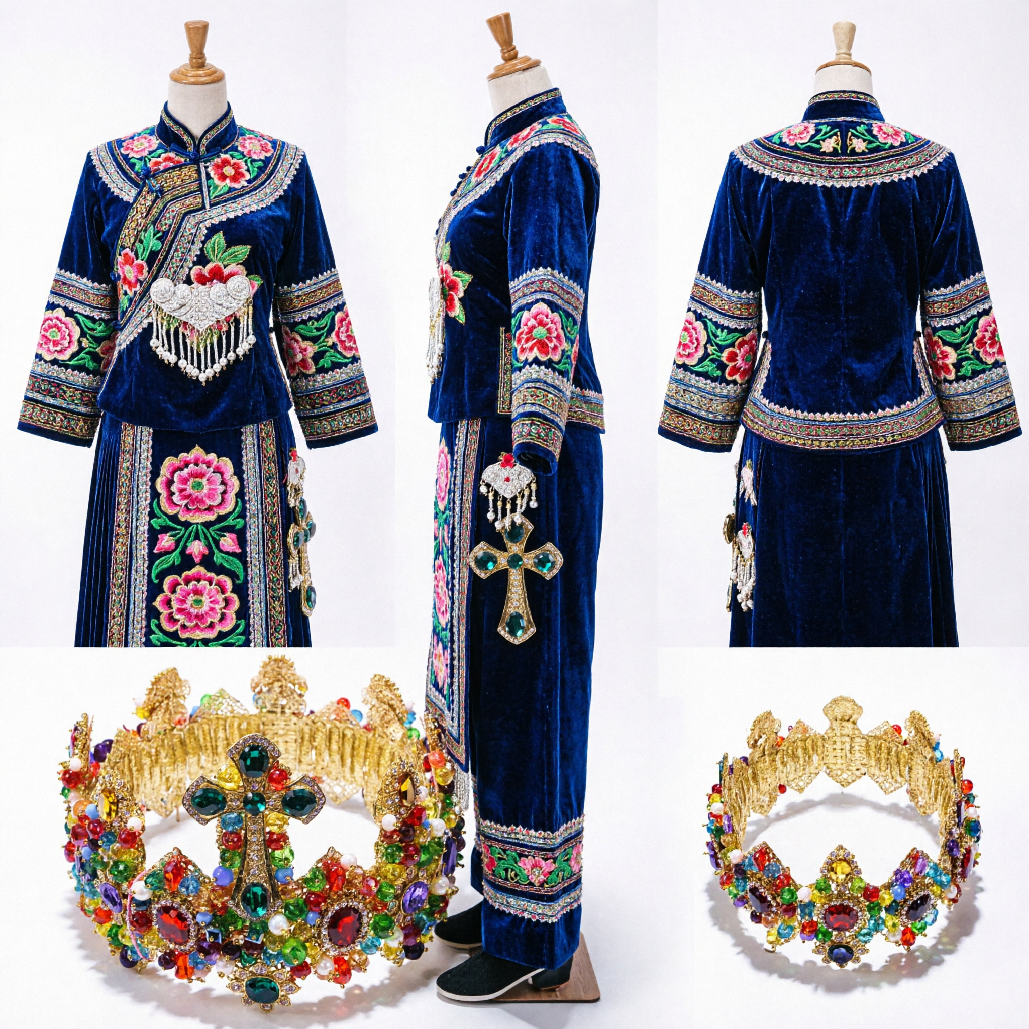 Set di Corona Religiosa Dorata Ornata e Orecchini a Croce con Cristalli Multicolore per Statue e Sfilate - Asian Costume