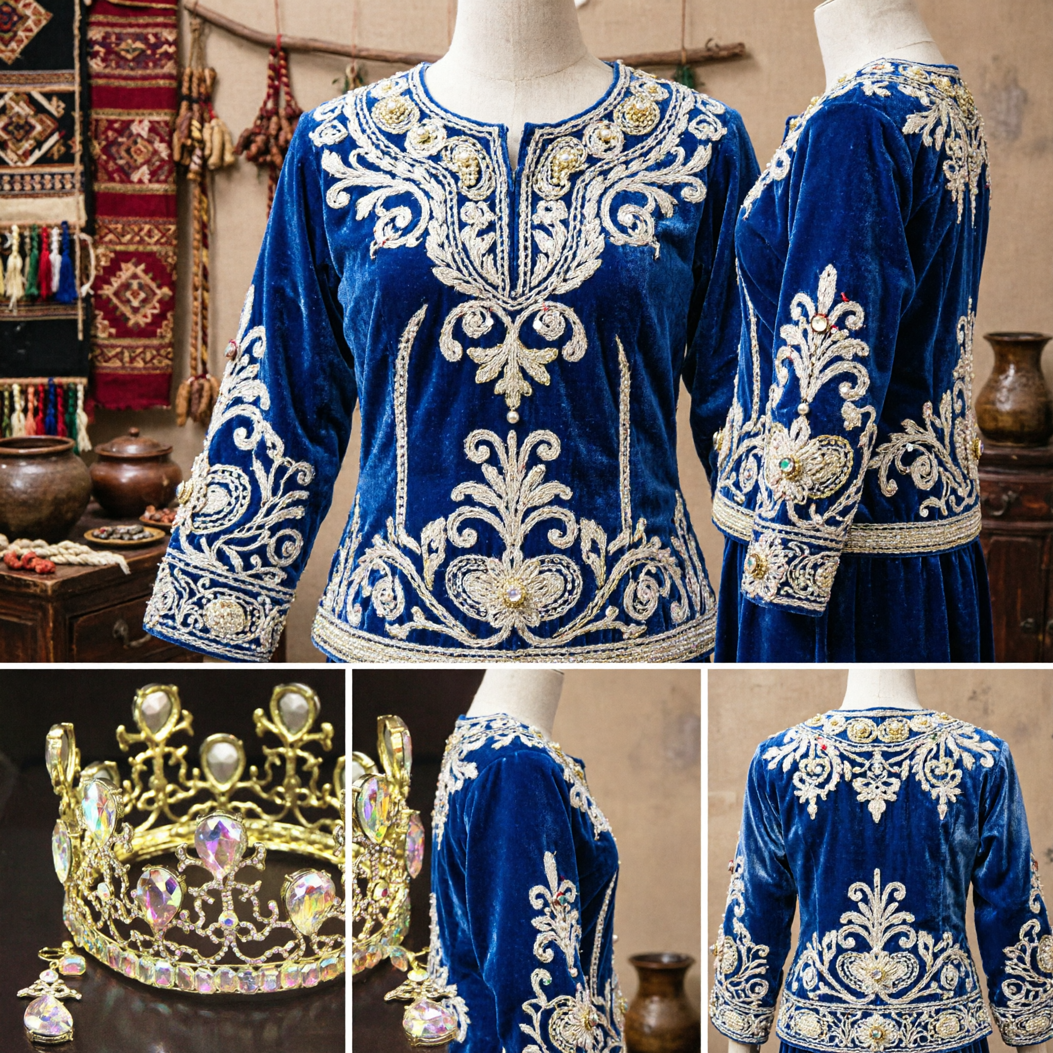 Ensemble de couronne royale en or avec cristaux et boucles d'oreilles assorties - Pour mariage, défilé, bal et Quinceañera - Asian Costume