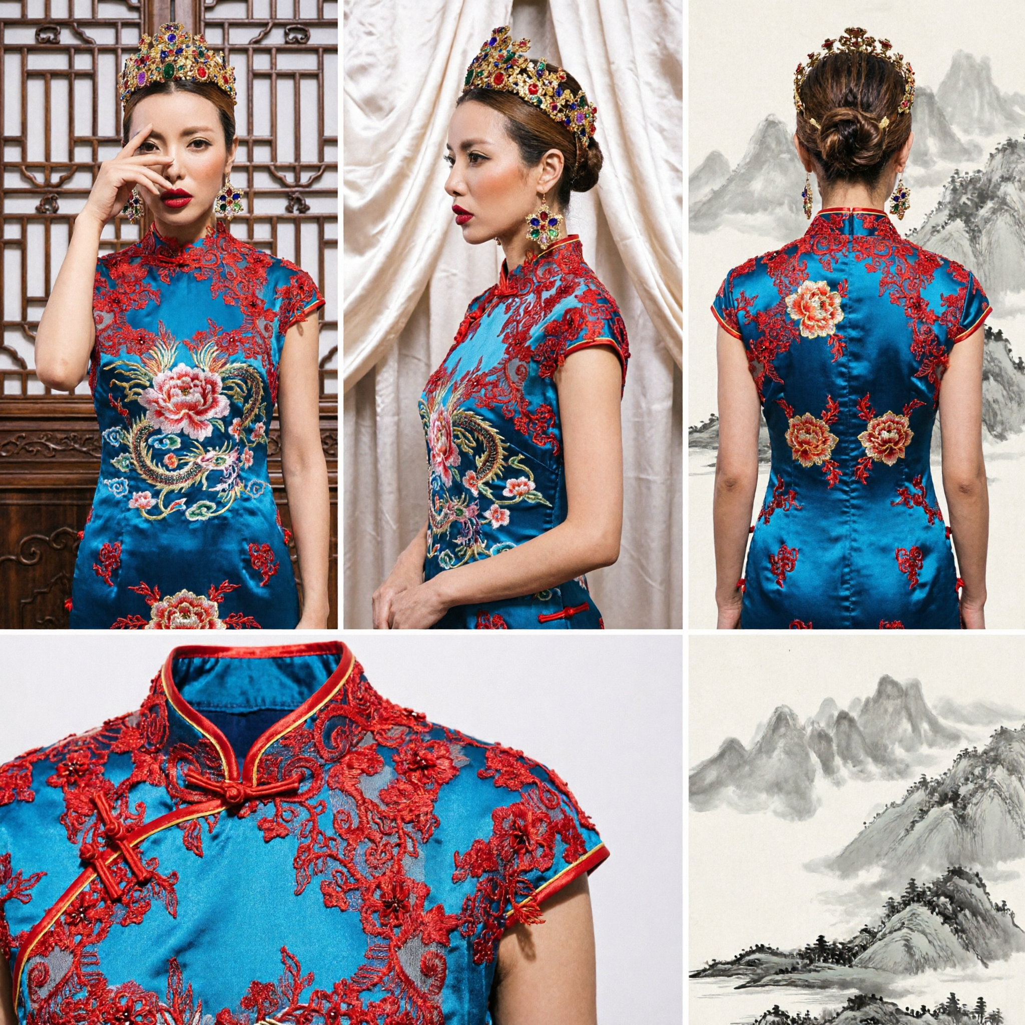 Coroa Real de Luxo Dourada com Cristais Multicolor e Brincos Combinando para Noiva, Rainha de Desfile - Asian Costume