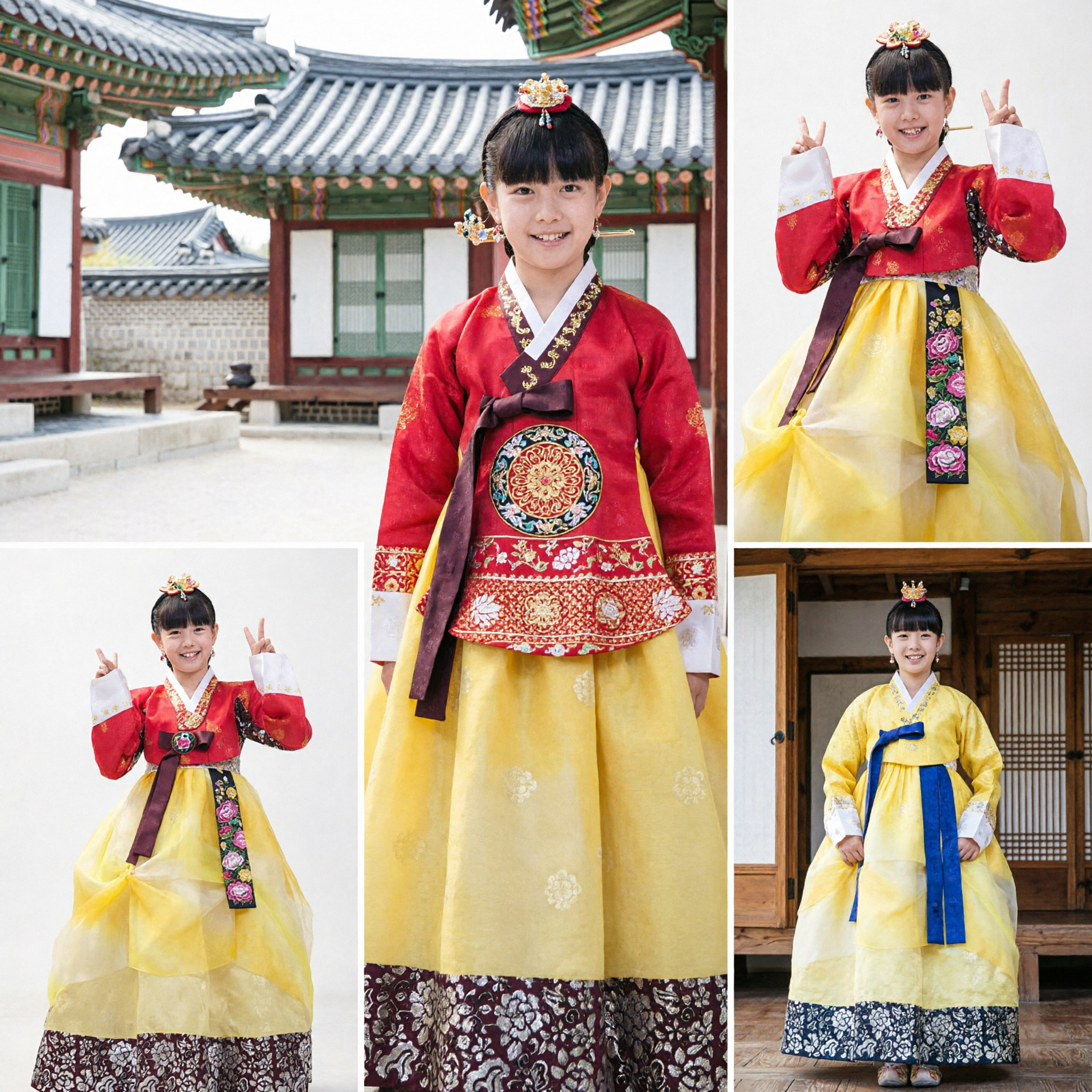 伝統韓国韓服 女児用 赤チョゴリ・黄チマセット 子供文化衣装 誕生日・祝日用 - Asian Costume