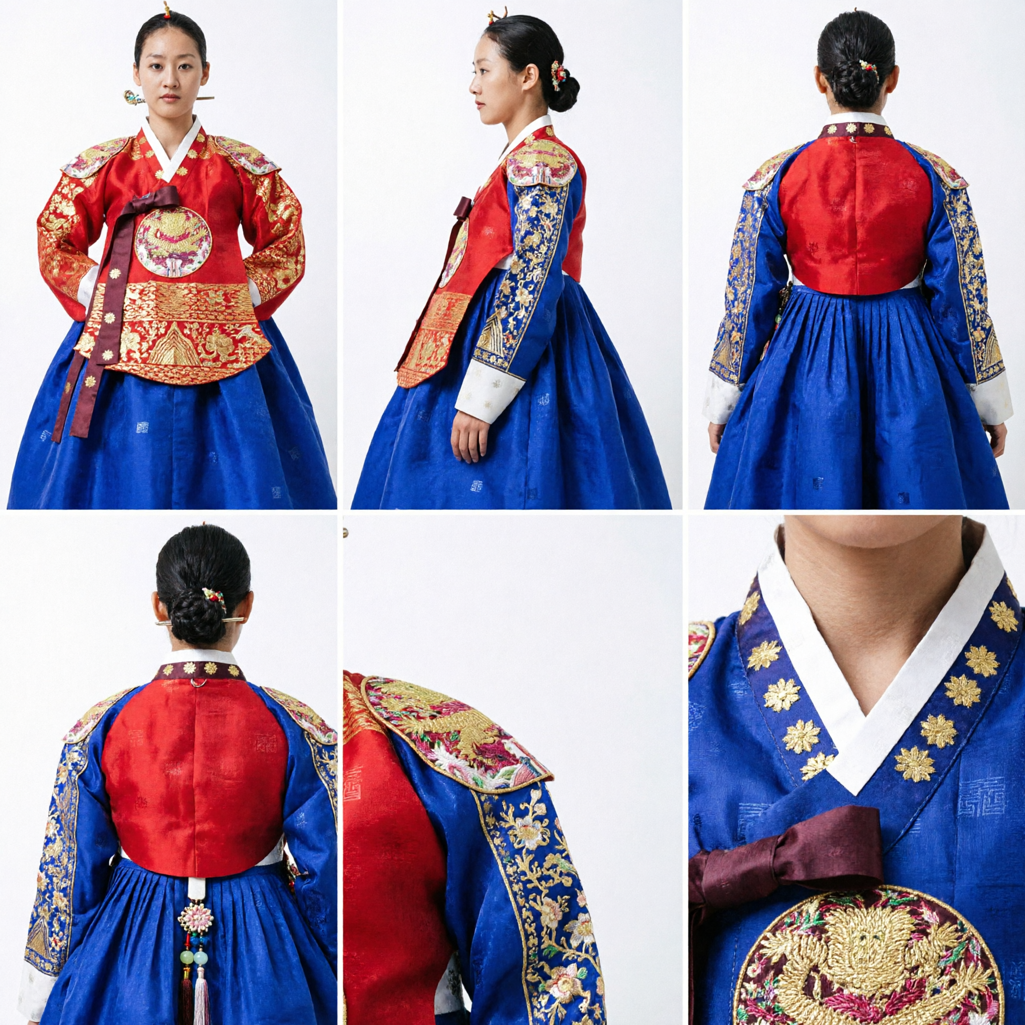 Tradycyjny koreański Hanbok zestaw czerwony Jeogori i niebieska Chima królewski strój pałacowy dla kobiet do cosplayu - Asian Costume