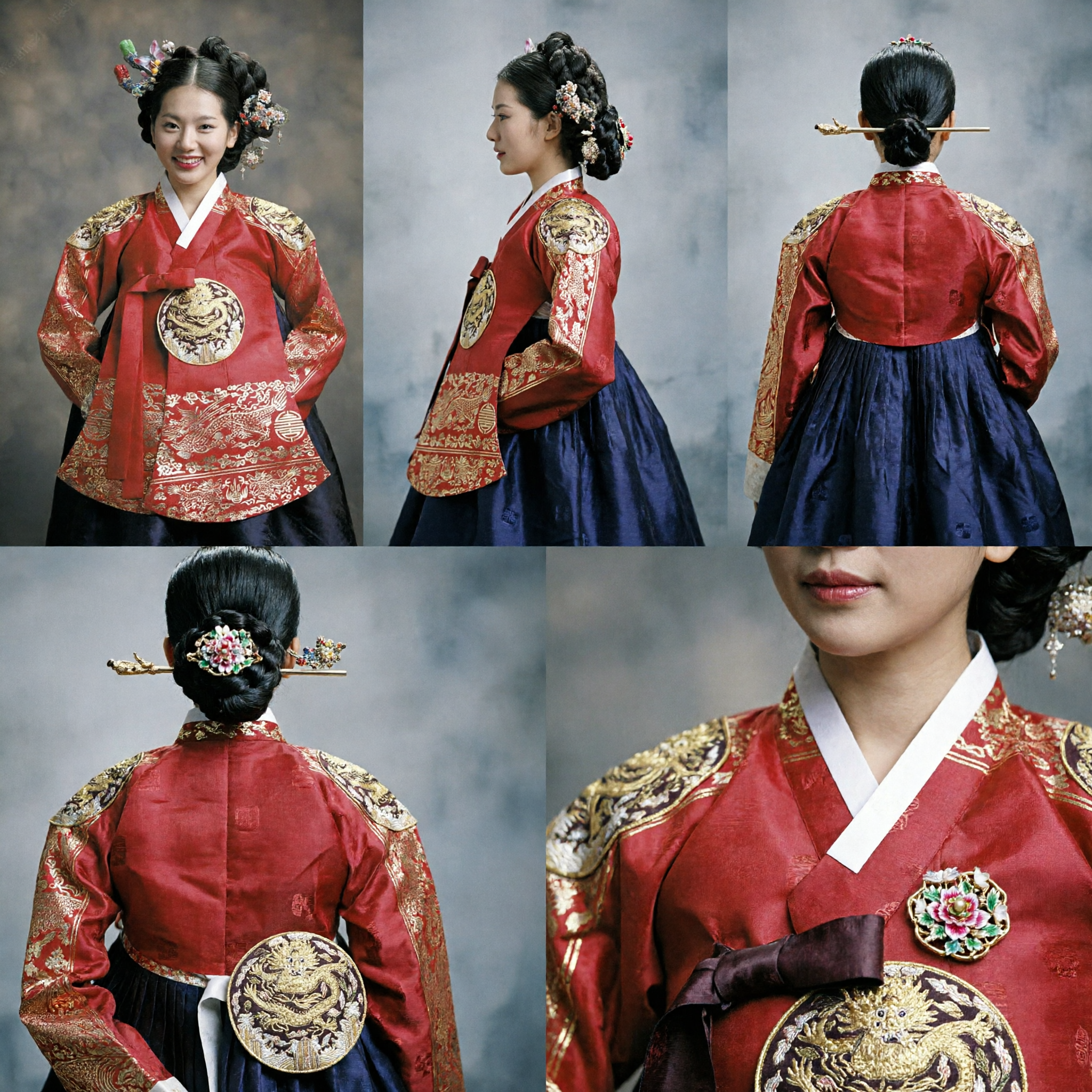 Vestito da Sposa Hanbok Coreano Tradizionale Rosso per Donne, Costume Nuziale con Ricami Dorati Elaborati - Asian Costume