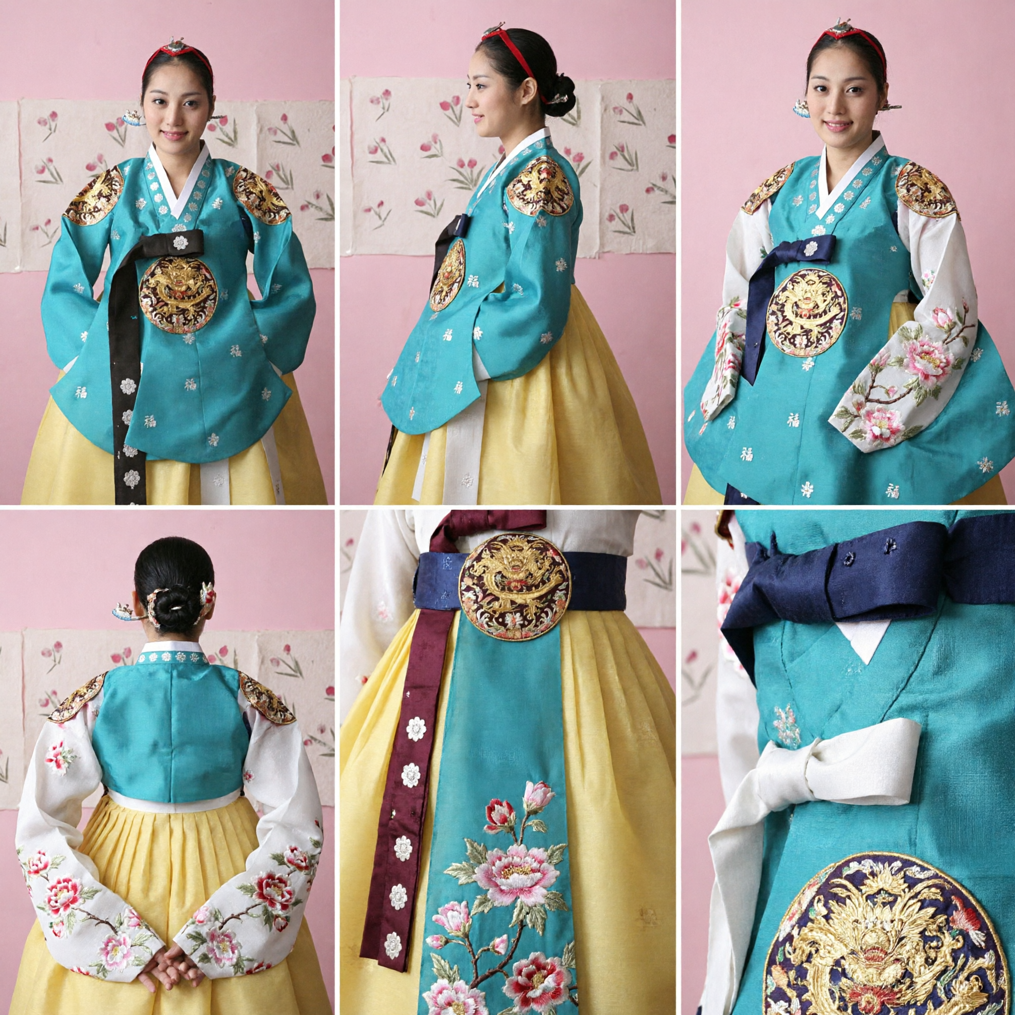 Elegante Vestido de Boda Hanbok Coreano Tradicional en Verde Azulado para Mujeres con Bordado Dorado y Estilo Palaciego - Asian Costume