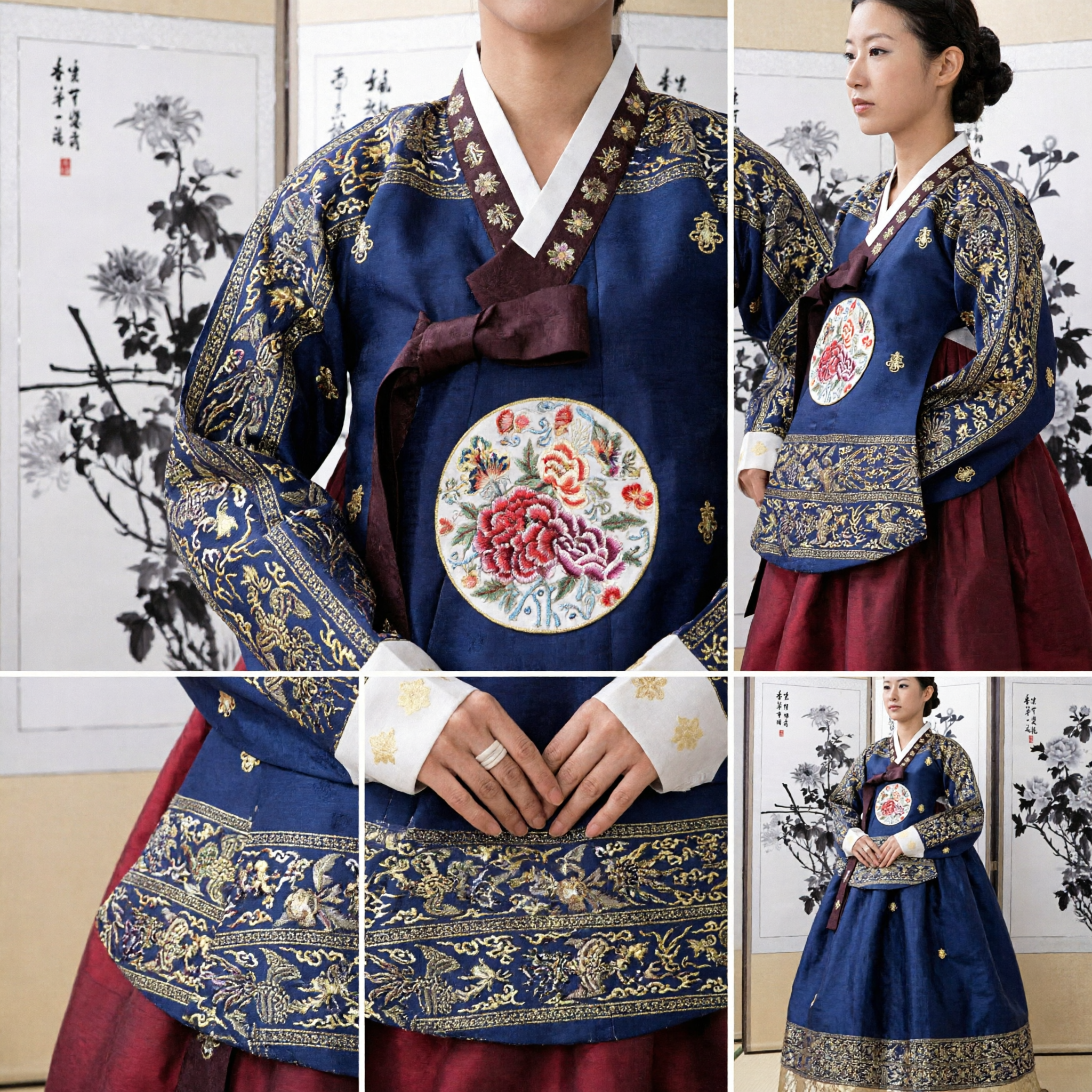 Robe Hanbok coréenne traditionnelle élégante Bleu Marine pour femmes avec Broderie Or pour Occasions Formelles - Asian Costume