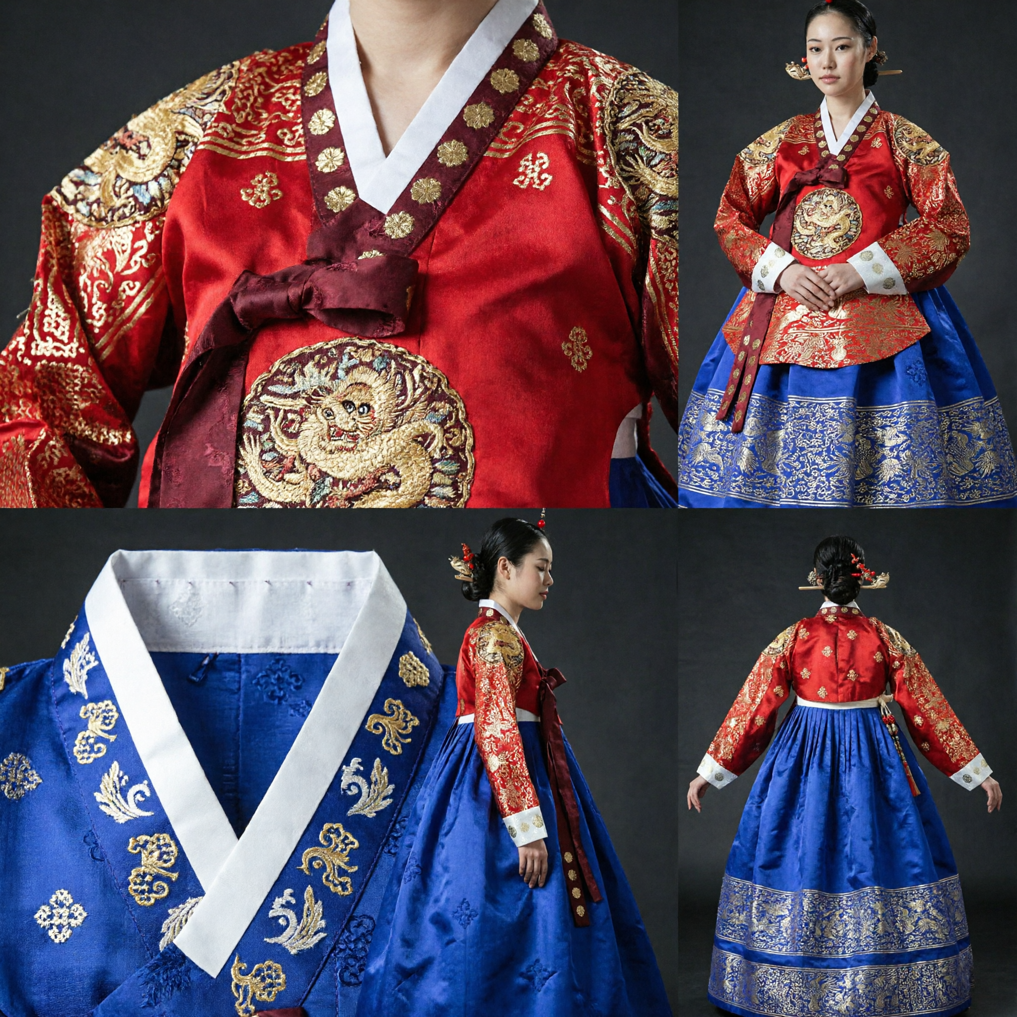 Traditionelles koreanisches Hanbok-Kleid für Damen in Rot und Blau als königliches Hochzeitskleid mit Gold-Phönix- und Kranich-Stickerei - Asian Costume