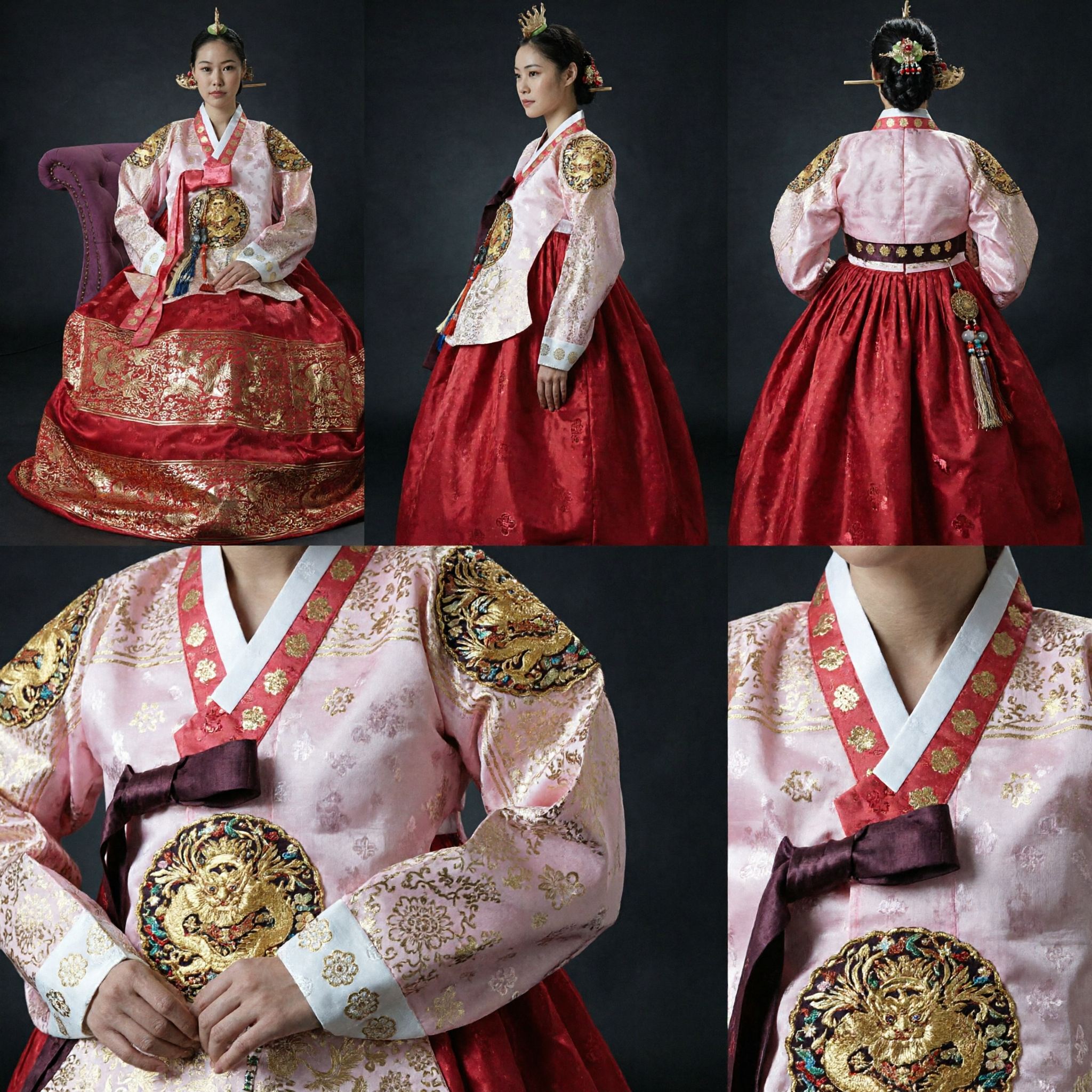 Tradycyjny koreański hanbok dla kobiet w królewskim stylu pałacowym - różowo-czerwona jedwabna suknia ze złotym haftem - Asian Costume