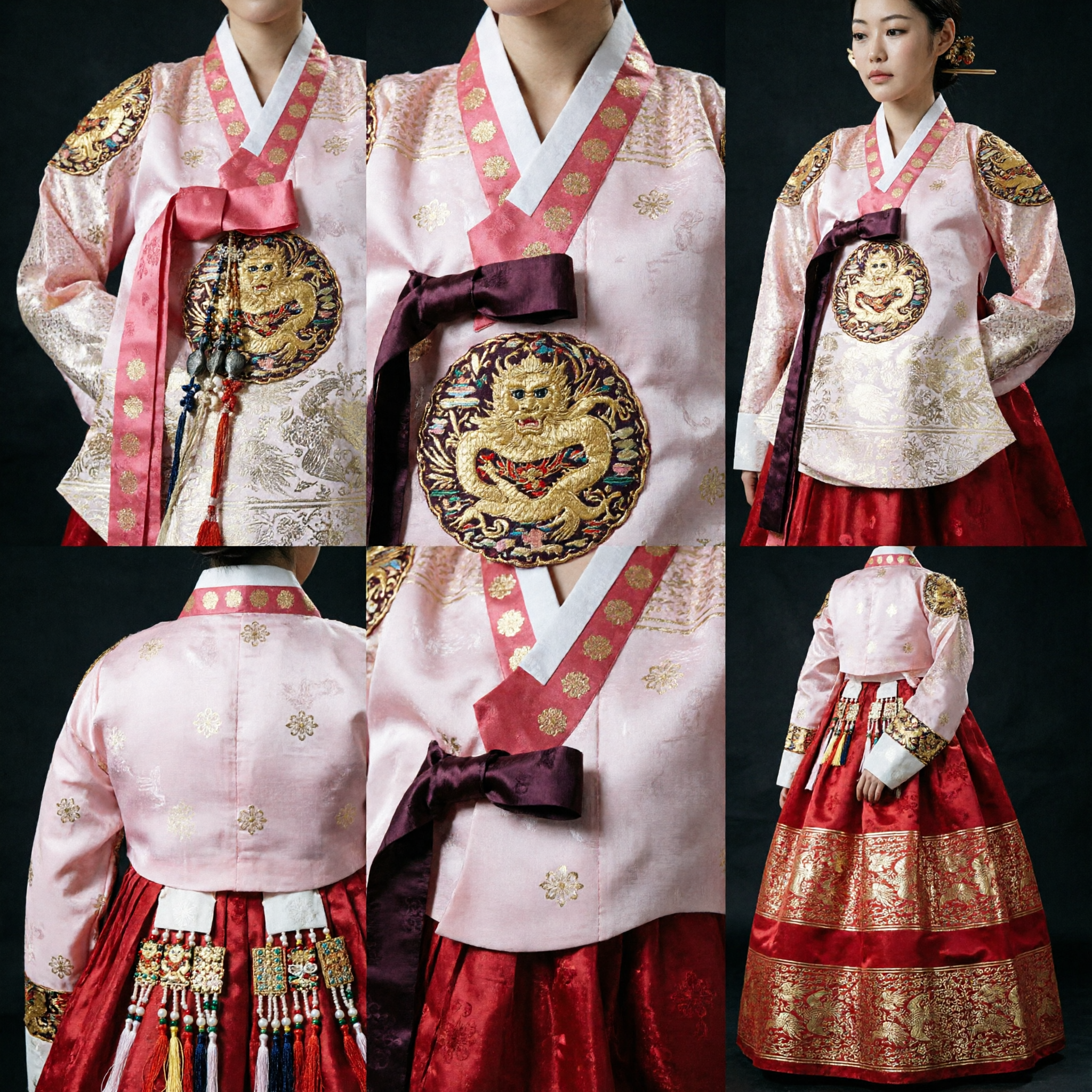 Dames Luxe Koreaanse Hanbok Traditionele Koninklijk Hofstijl Rode Rok Roze Top Gouden Drakenborduurwerk Trouwkostuum - Asian Costume