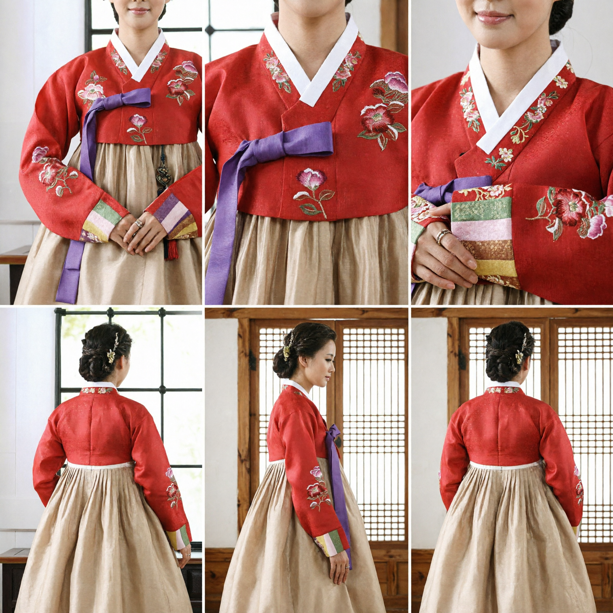 Hanbok Coreano Tradicional para Mulheres, Jeogori Vermelho Bordado e Chima Bege para Casamento e Festivais - Asian Costume