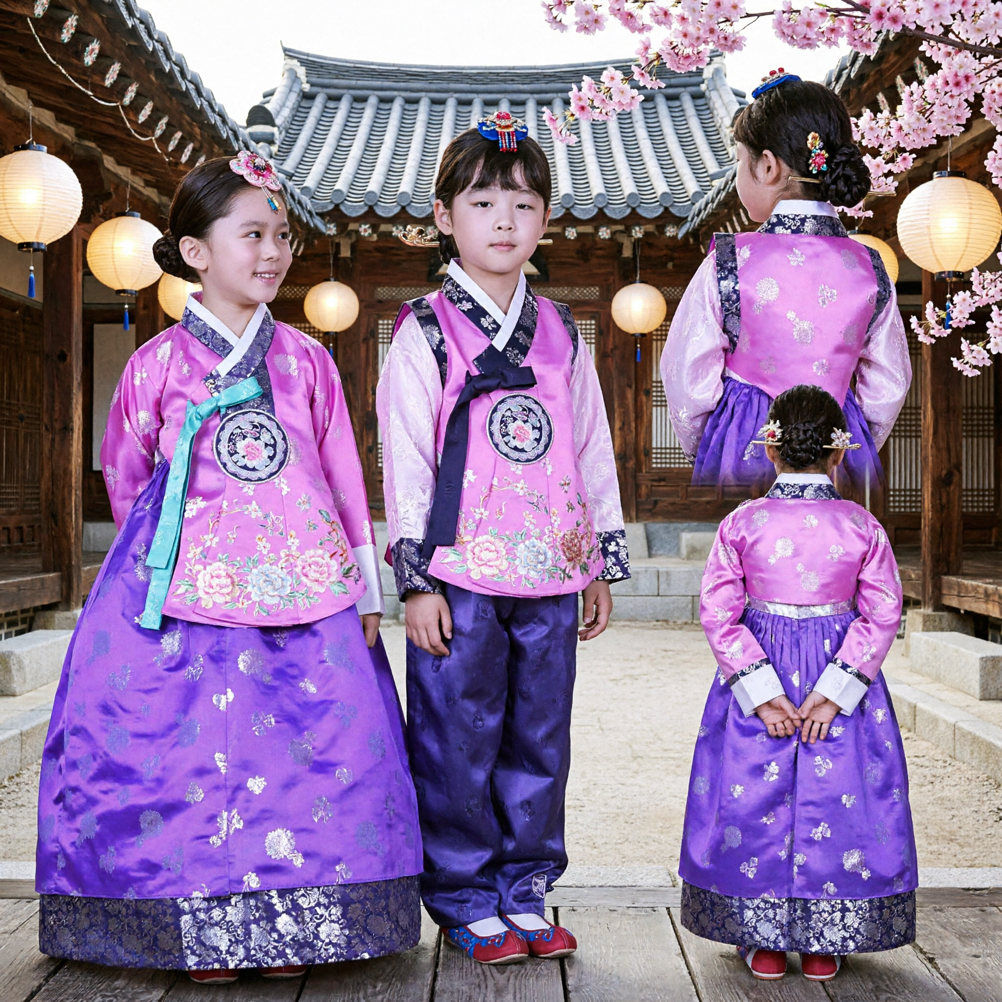 Children Traditional Korean Hanbok Set Pink Purple Boy Girl Costume for Lunar New Year Wedding - Asian Costume