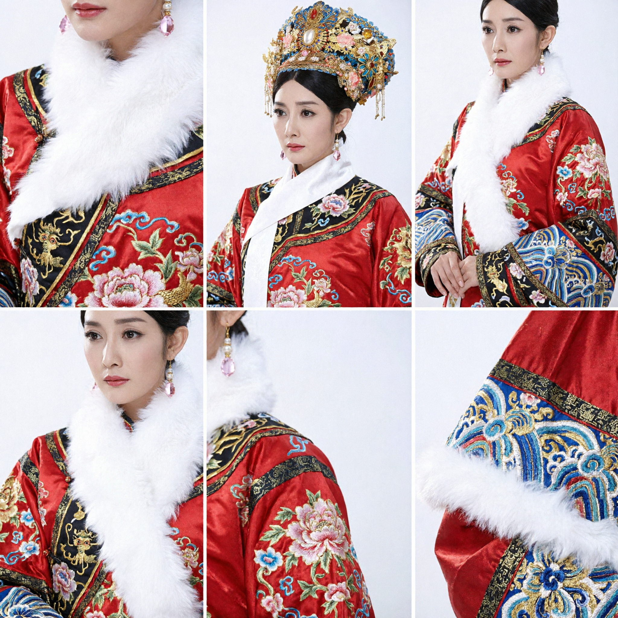 Tradycyjna chińska korona feniksa cesarzowej mandżurskiej z dynastii Qing - niebiesko-złote kwieciste nakrycie głowy, akcesoria do włosów na ślub - Asian Costume