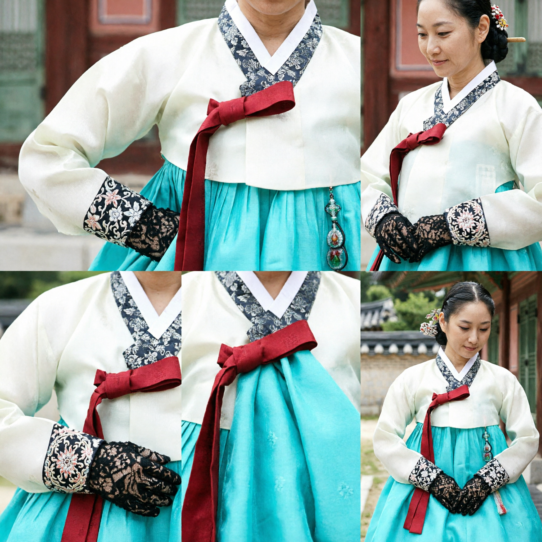 Abito Hanbok Tradizionale Coreano Elegante per Donne Top Crema Gonna Turchese per Matrimoni e Festival - Asian Costume
