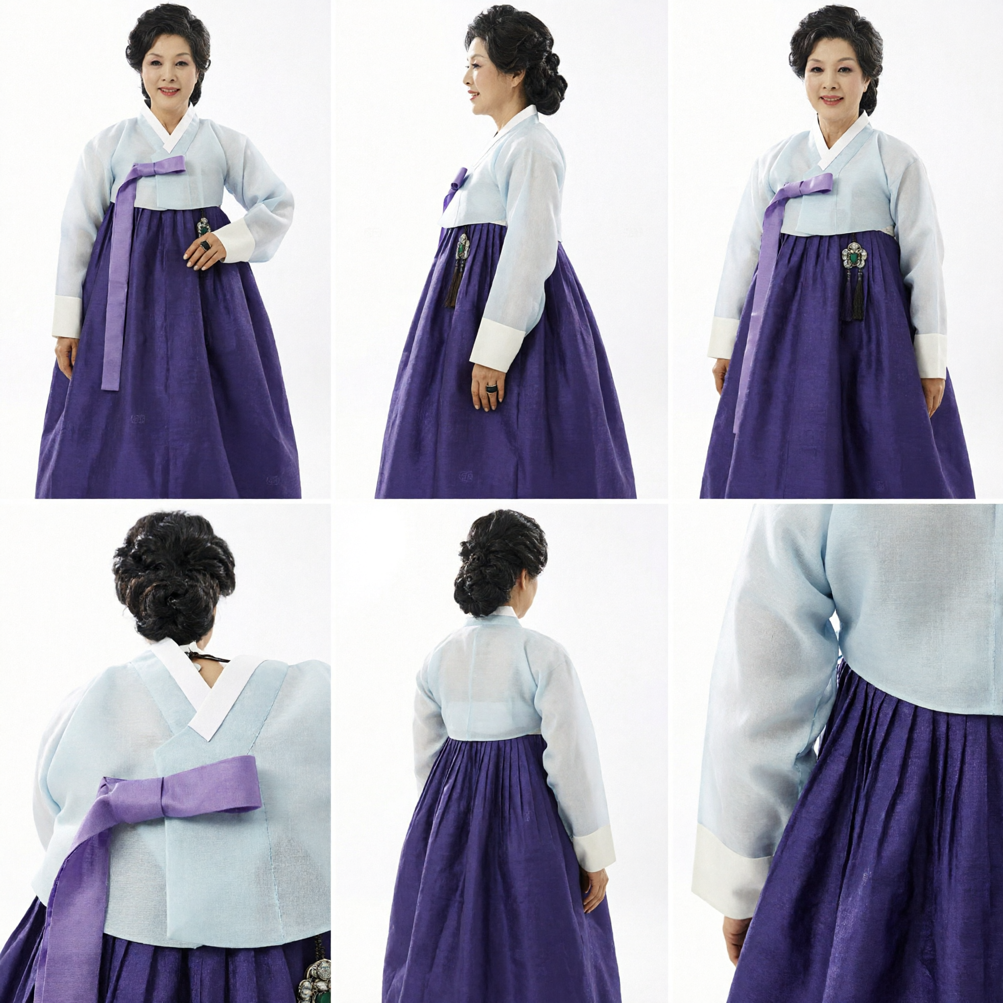 Hanbok Tradicional Coreano Elegante para Mulheres - Convidada de Casamento (Mãe) - Saia Roxa e Parte Superior Azul Claro - Asian Costume