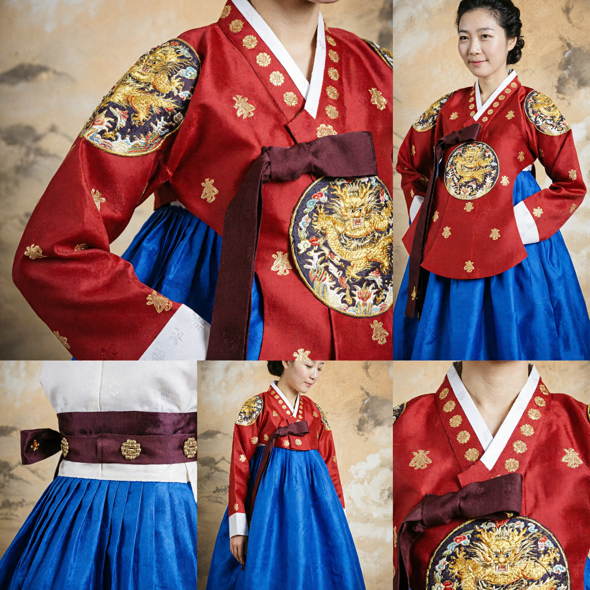 Vestido Hanbok Tradicional Coreano para Mujer en Seda Roja y Azul con Bordado Dorado para Ceremonias de Boda - Asian Costume
