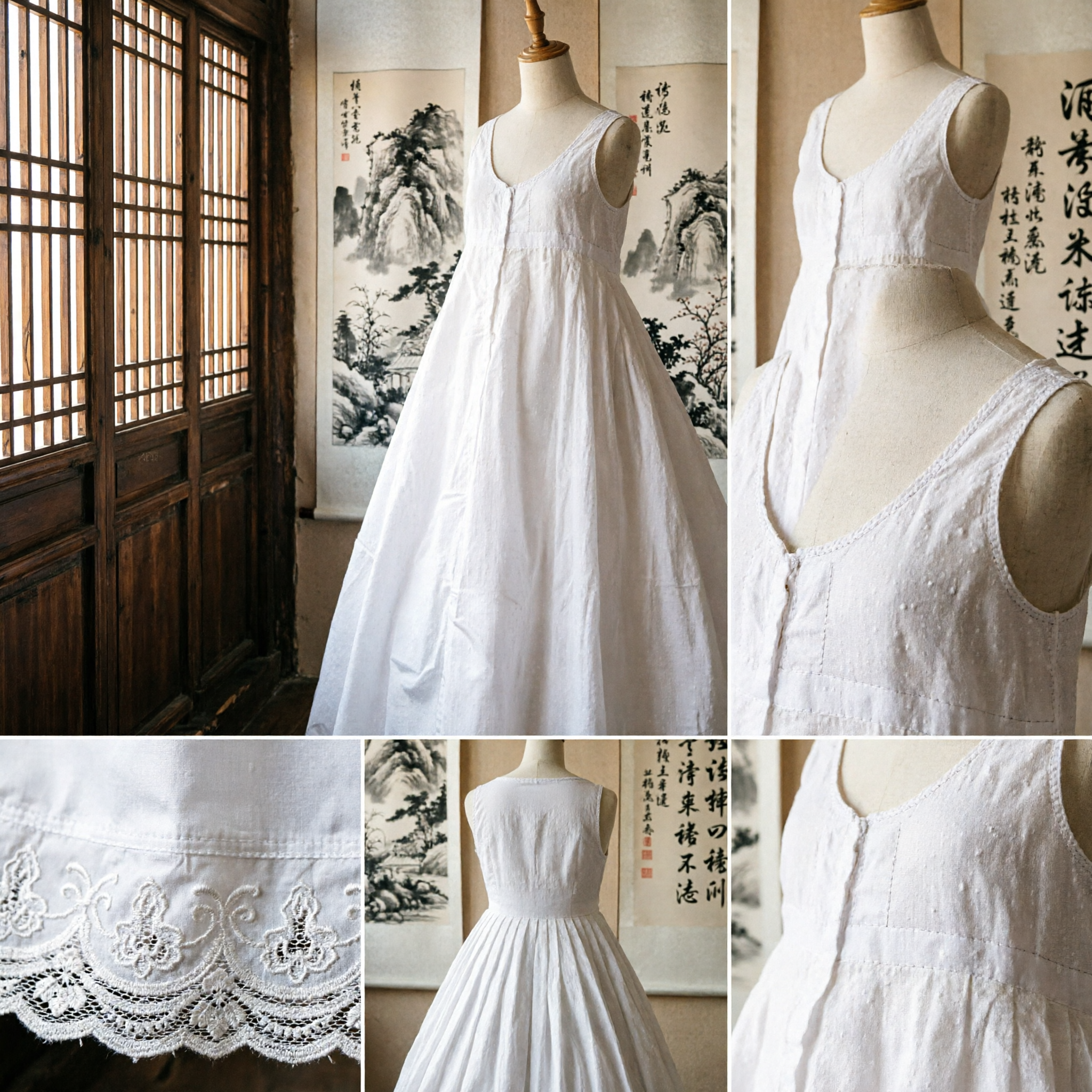 Jupon traditionnel chinois en coton blanc pour femmes avec bordure en dentelle, couche de base pour costume Hanfu - Asian Costume