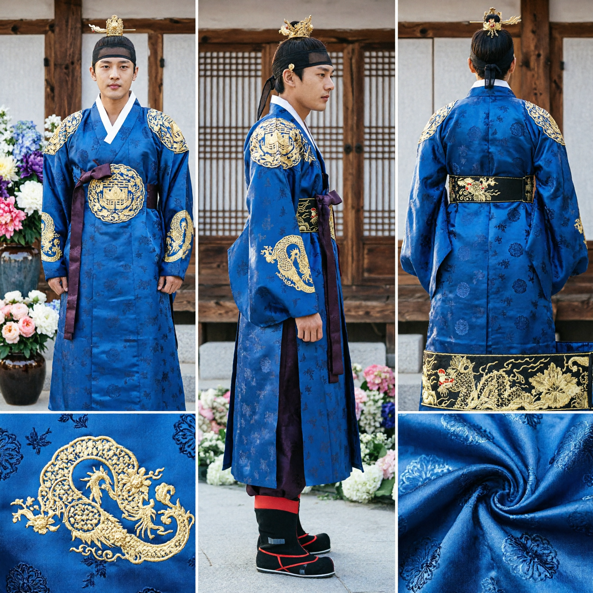 Herren-Traditionelles koreanisches Königliches König-Hanbok Blaues Drachengewand-Kostüm für Historisches Drama Cosplay - Asian Costume