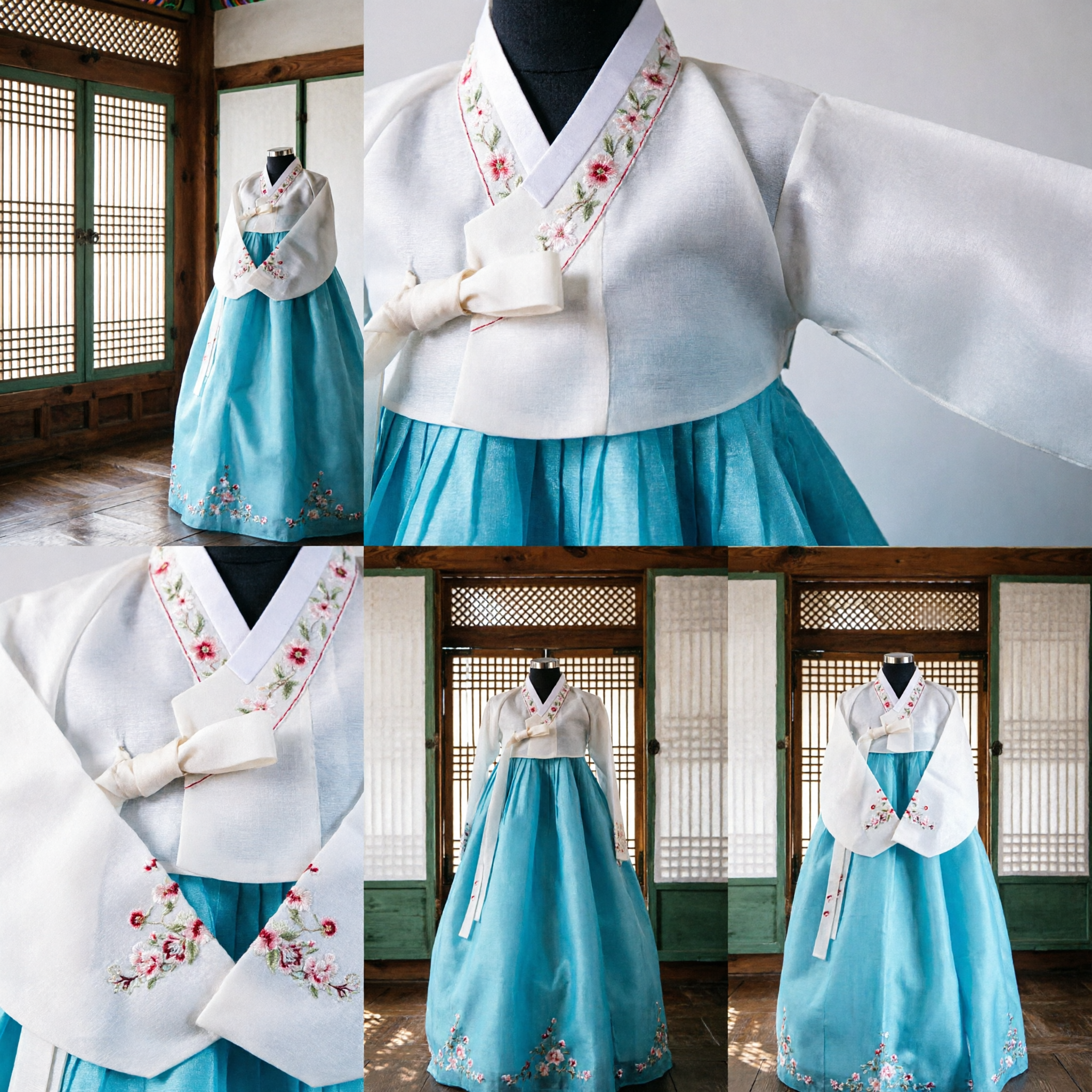 伝統的韓国ハンボク（韓服）ドレス 女性用 ライトブルーチマと白チョゴリ 刺繍フォーマル衣装 - Asian Costume