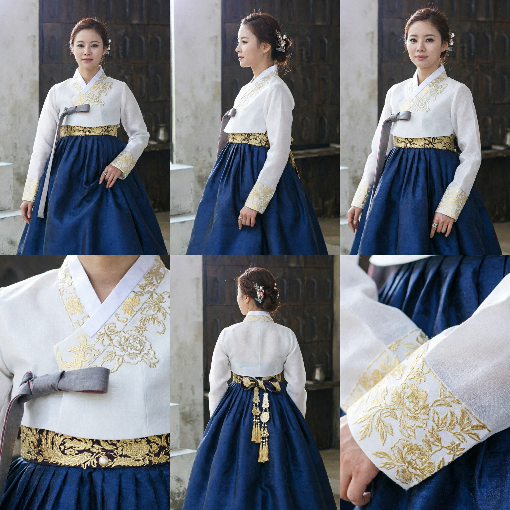 Vestido Hanbok Tradicional Coreano Elegante Blanco y Azul Marino para Mujer, para Boda y Festivales - Asian Costume