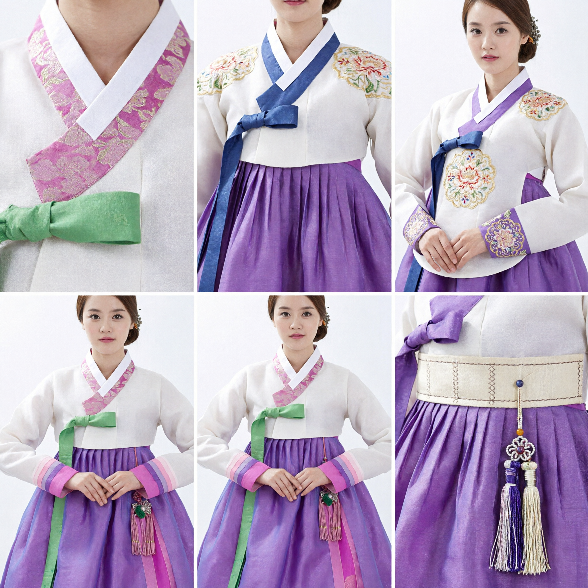 Conjunto Tradicional Coreano Hanbok Feminino, Top Branco Bordado e Saia Roxa para Casamento e Festa - Asian Costume