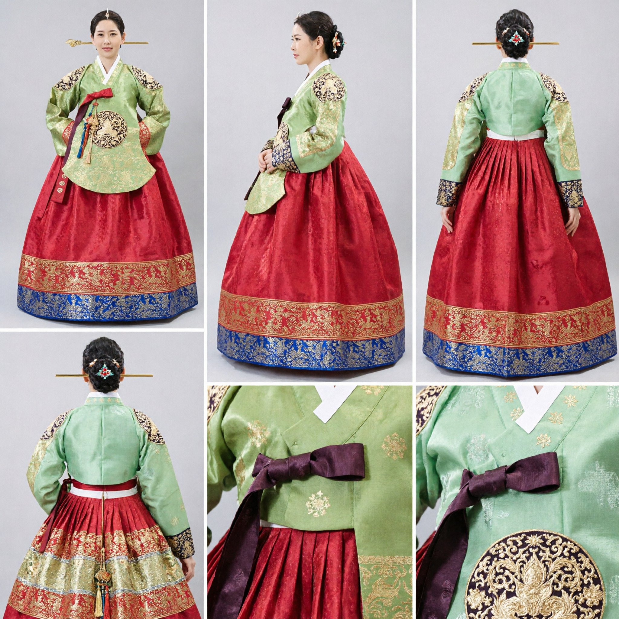 Hanbok Tradizionale Coreano per Donna, Set Vestito Formale Jeogori Verde e Chima Rossa per Cerimonia Nuziale - Asian Costume