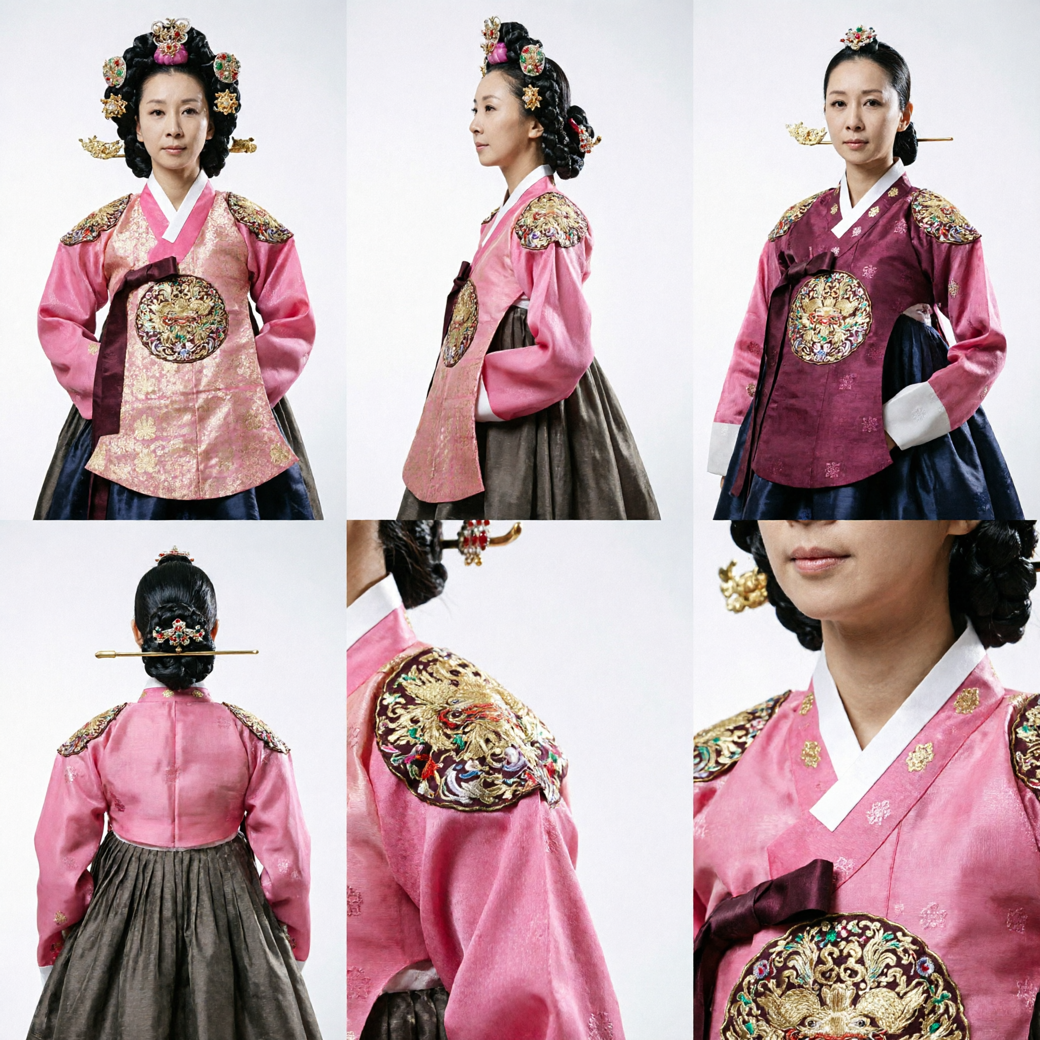 Vrouwen Roze Koreaans Hanbok Traditionele Jurk, Koninklijke Hofstijl met Goud Borduurwerk en Hoofdtooi - Asian Costume