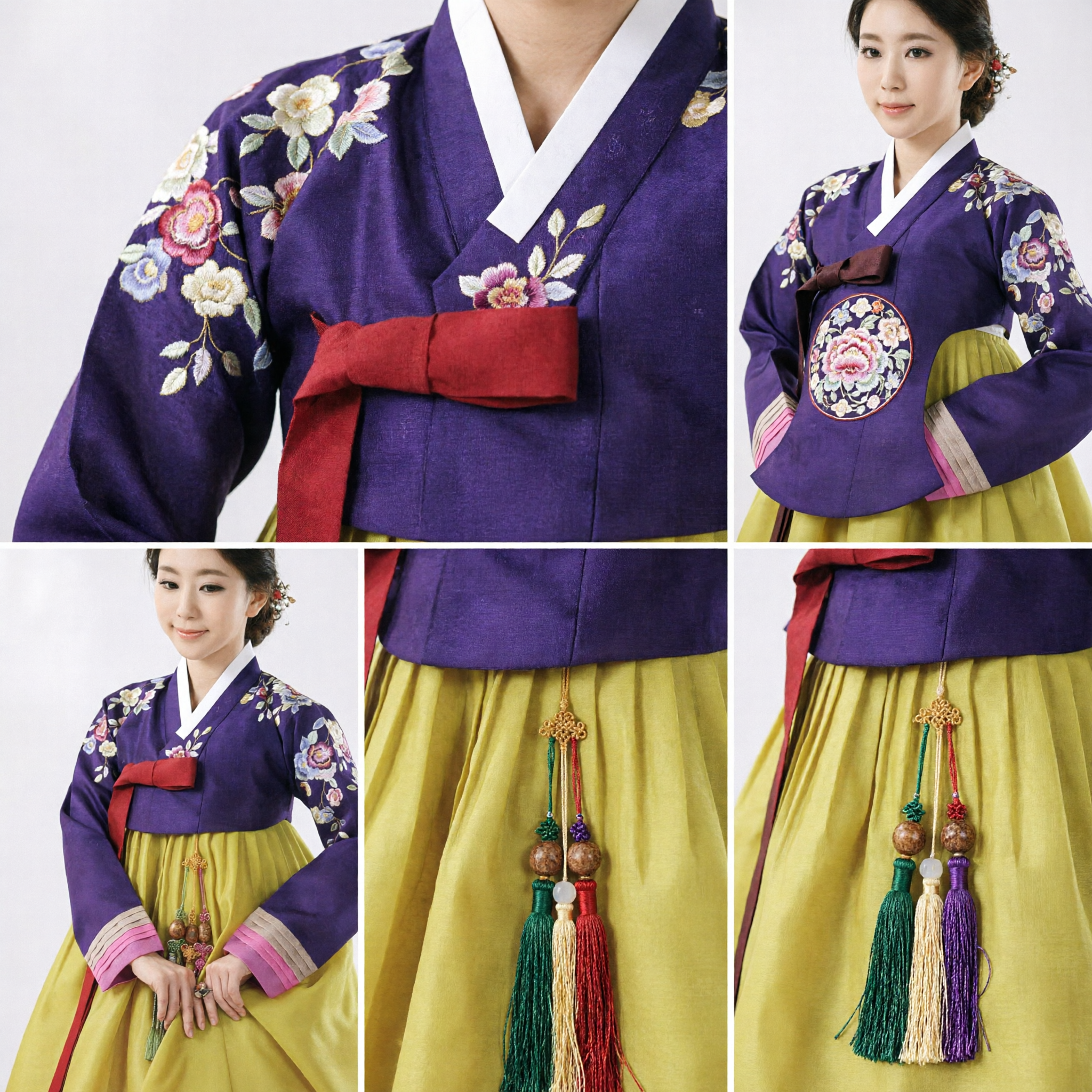 Conjunto Tradicional de Hanbok Coreano para Mulheres, Jeogori Roxo Bordado e Chima Amarela para Ocasiões Especiais - Asian Costume