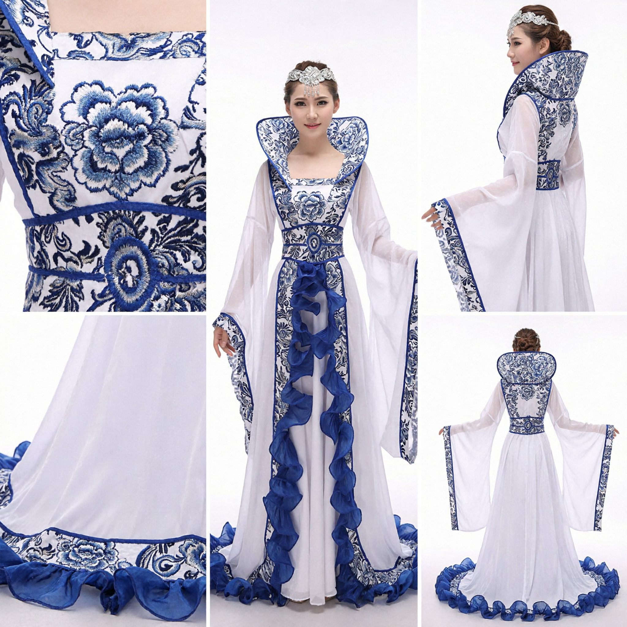 Elegante Vestido Hanfu Tradicional Chino de Porcelana Azul y Blanco para Mujer, Traje de Baile para Presentaciones Escénicas - Asian Costume